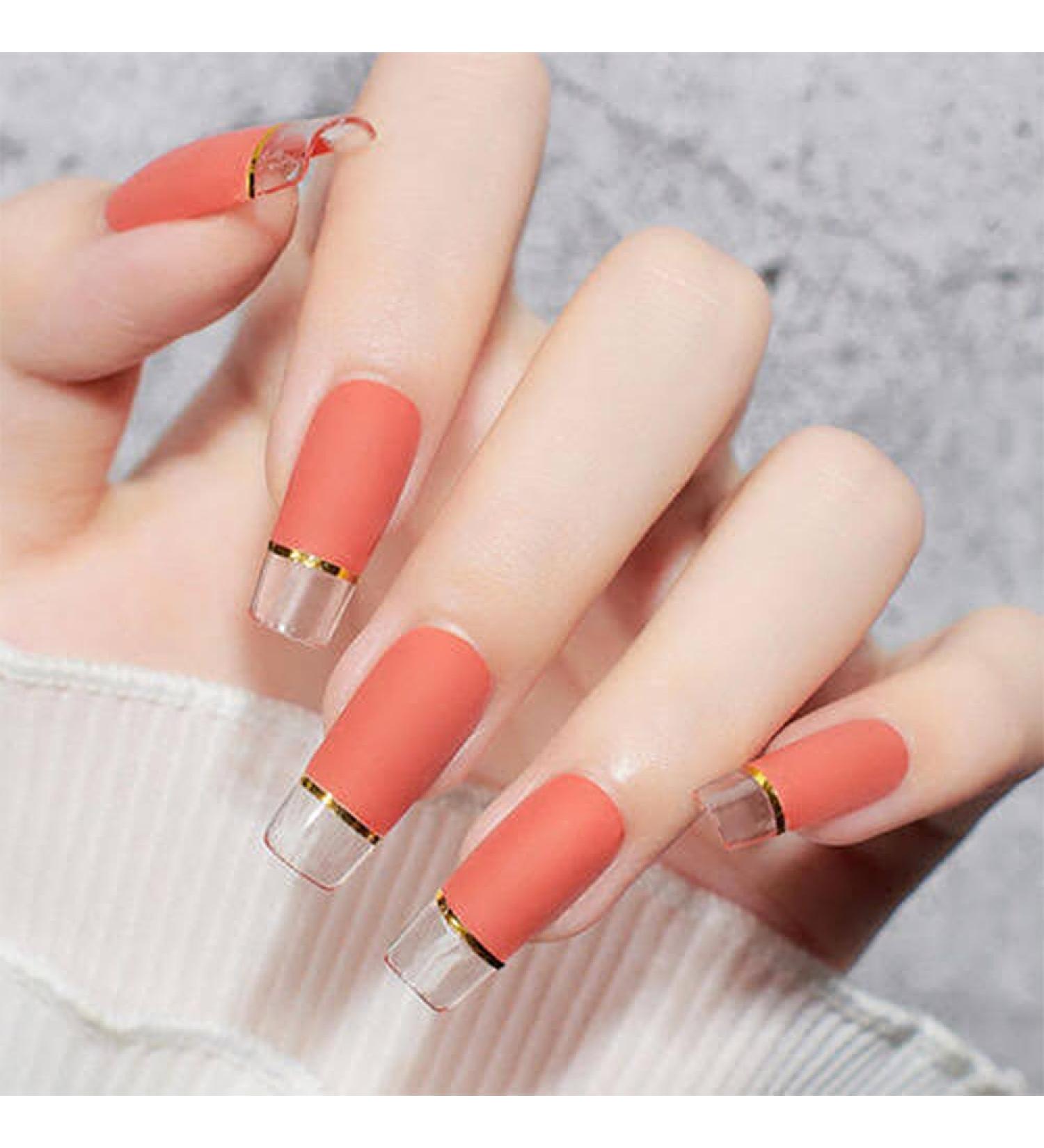 French Tip Press on Nails - Mid Square Press On Nails with Nail Tips Orange Red False Nail Golden Thread French Semi transparent Design press on nails Acrylic False Nails Cute Artificial Nails - Buy Online on GoSupps.com