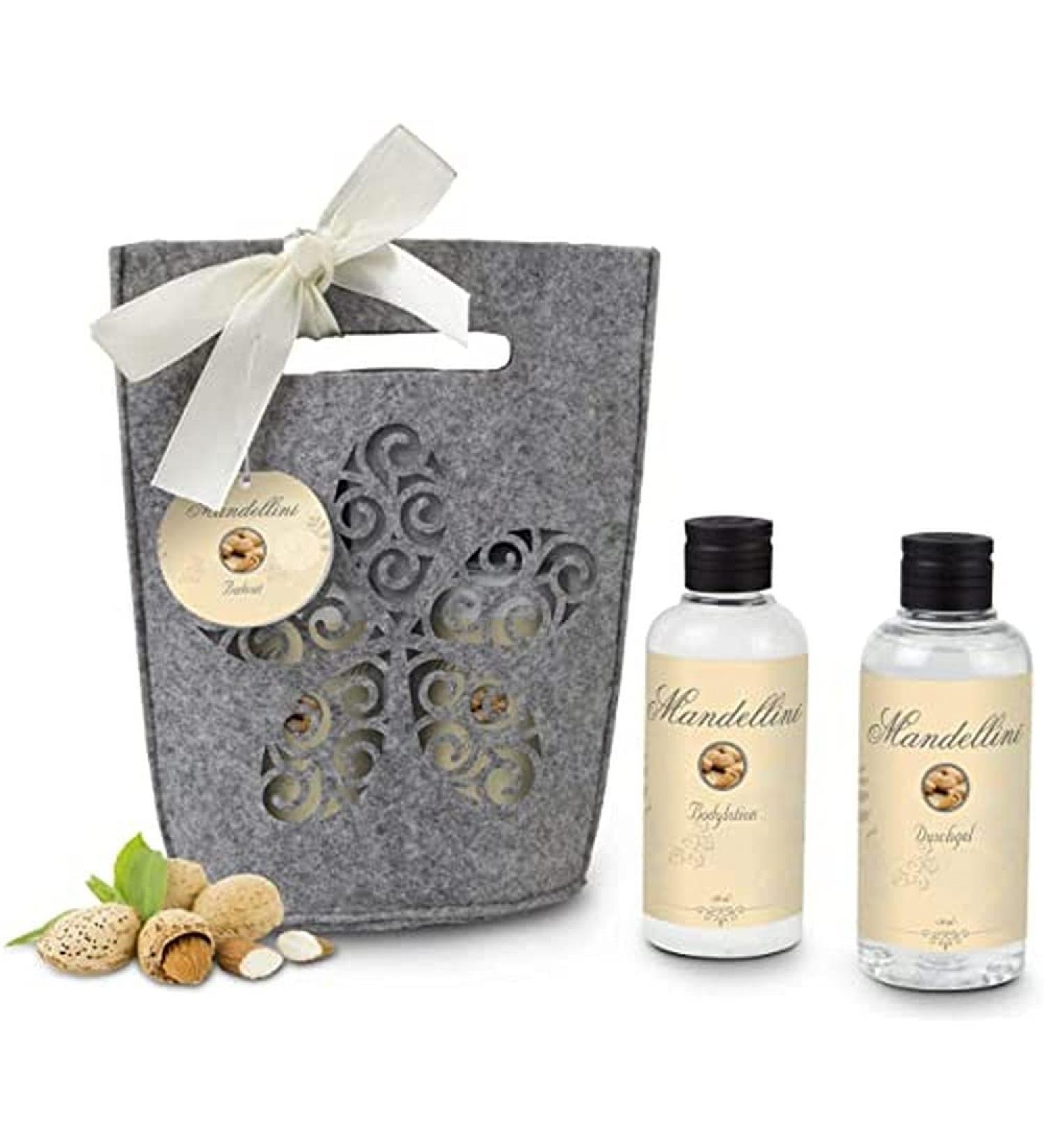 Mandellini Coffret cadeau 3 pi ces : 2 x 100 ml de lotion pour le corps + pochette en feutre d corative Parfum lait d'amande 350 g