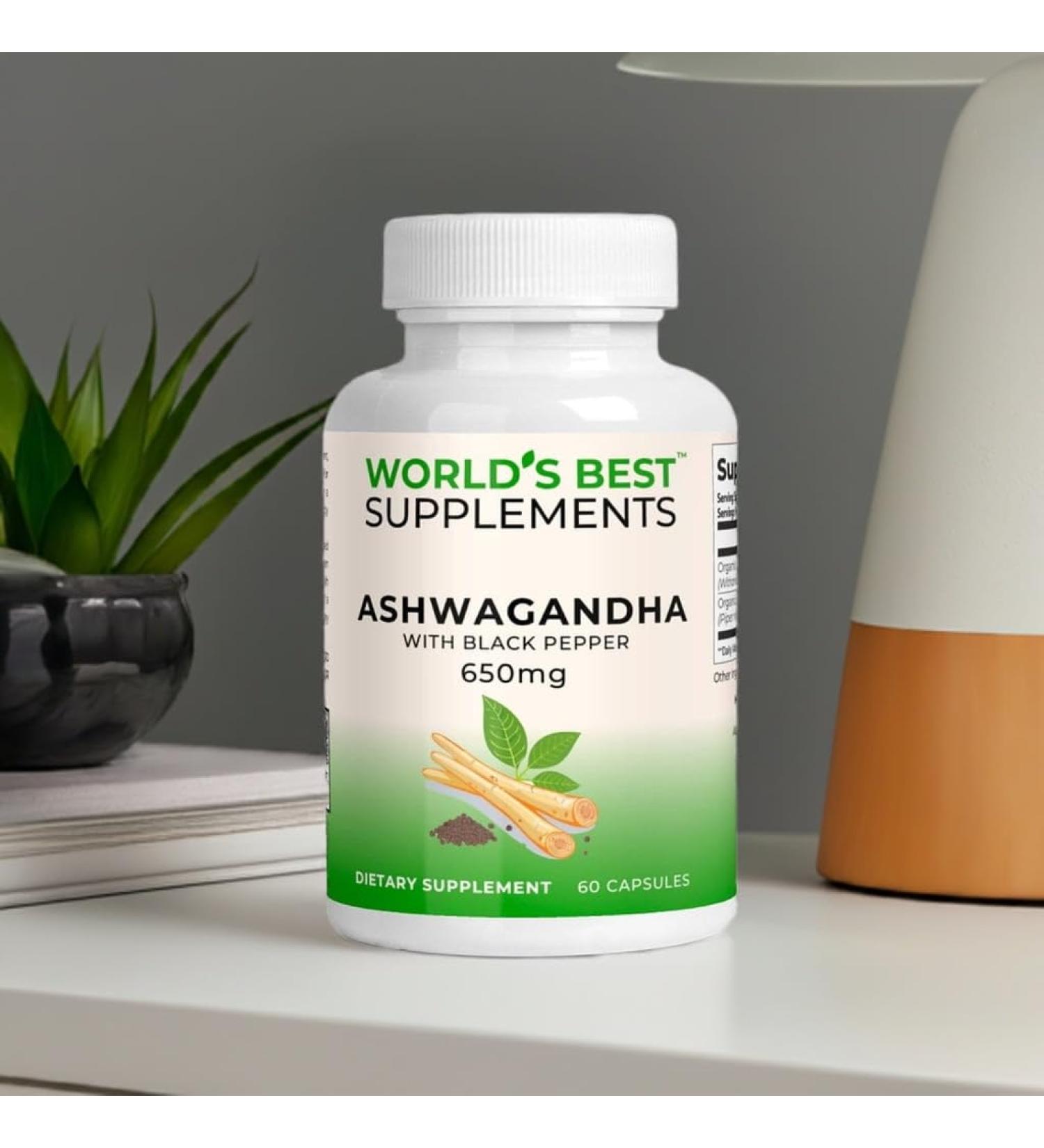 World's Best Supplements Organic Ashwagandha 650mg with Bioperine Black Pepper | 60 Capsules - Buy Online on GoSupps.com