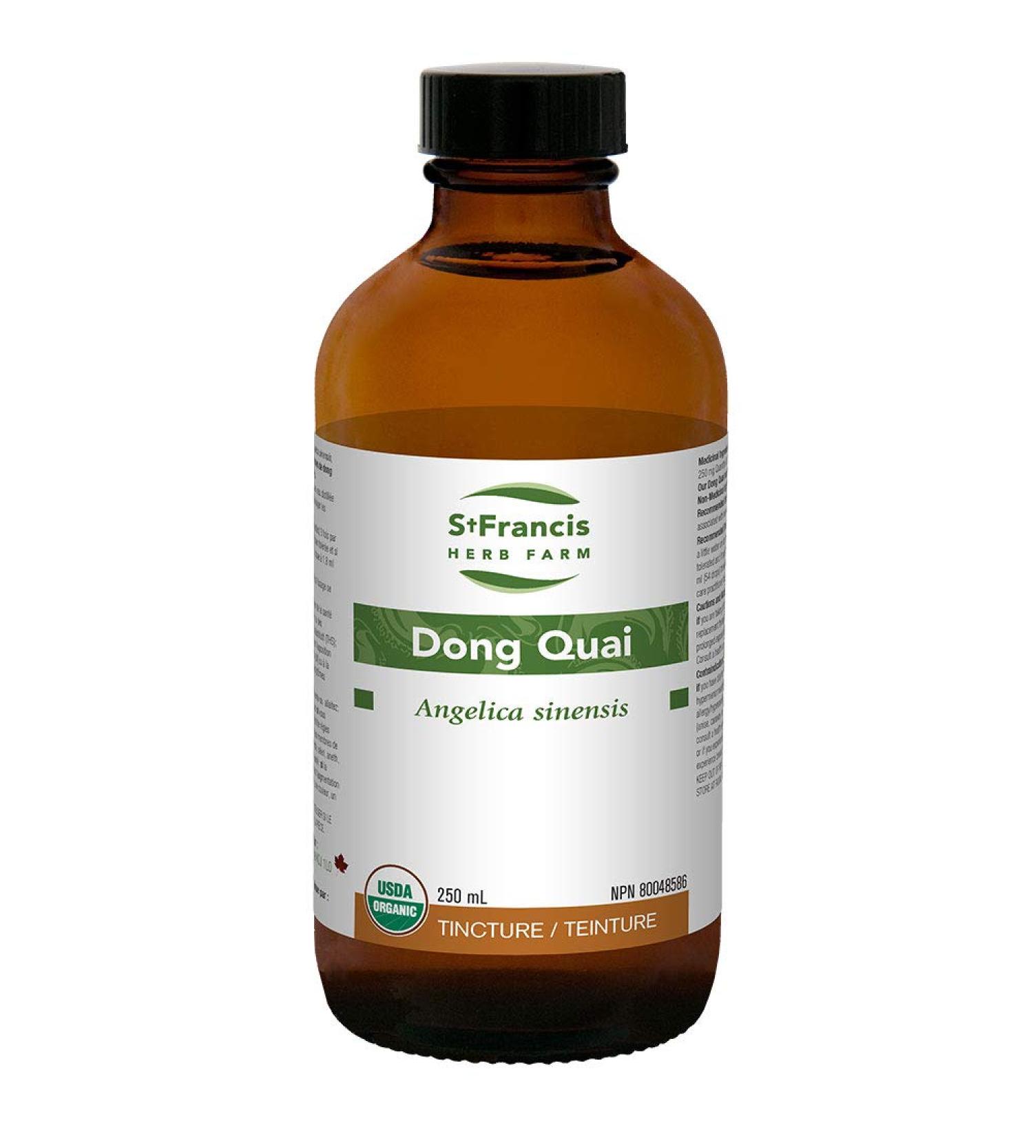 St Francis Herb Farm - Dong Quai (Angelica sinensis root) Certified Organic Herbal Tincture Extract Dong Quai serves to treat a range of gynecological problems such as the symptoms of menopause menstrual cramps irregular menstrual periods retarded menstru