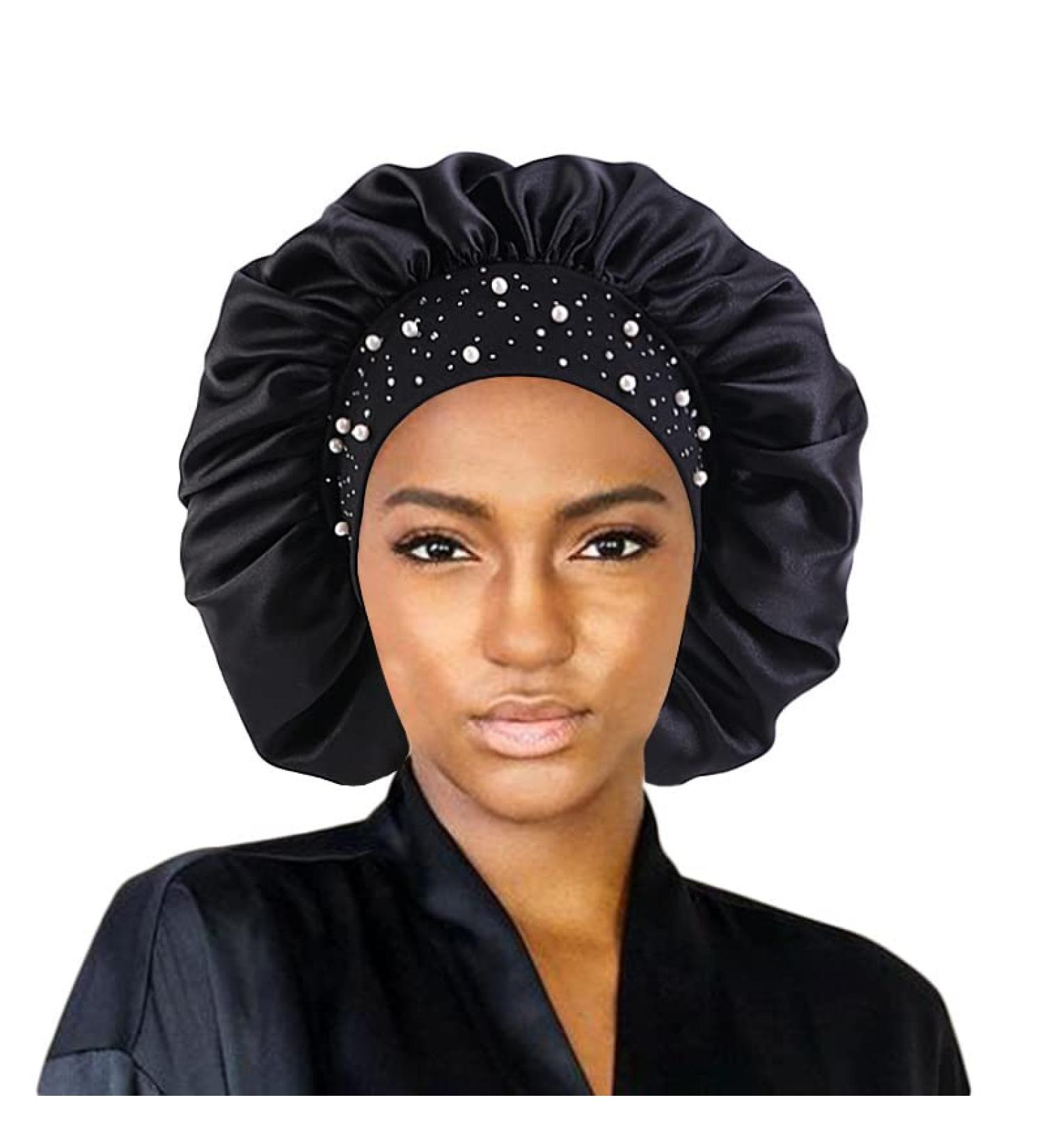 YeeMan Glittering Pearls & Rhinestones Satin Hair Bonnet - Black Wide Band Sleeping Cap - Buy Online on GoSupps.com