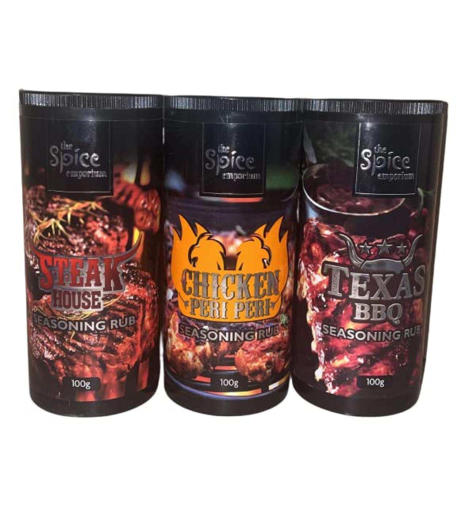The Spice Emporium Seasoning Rubs - 1 x Steak House Rub 100g / 1 x Texas BBQ Rub 100g / 1 x Chicken Peri Peri 100g