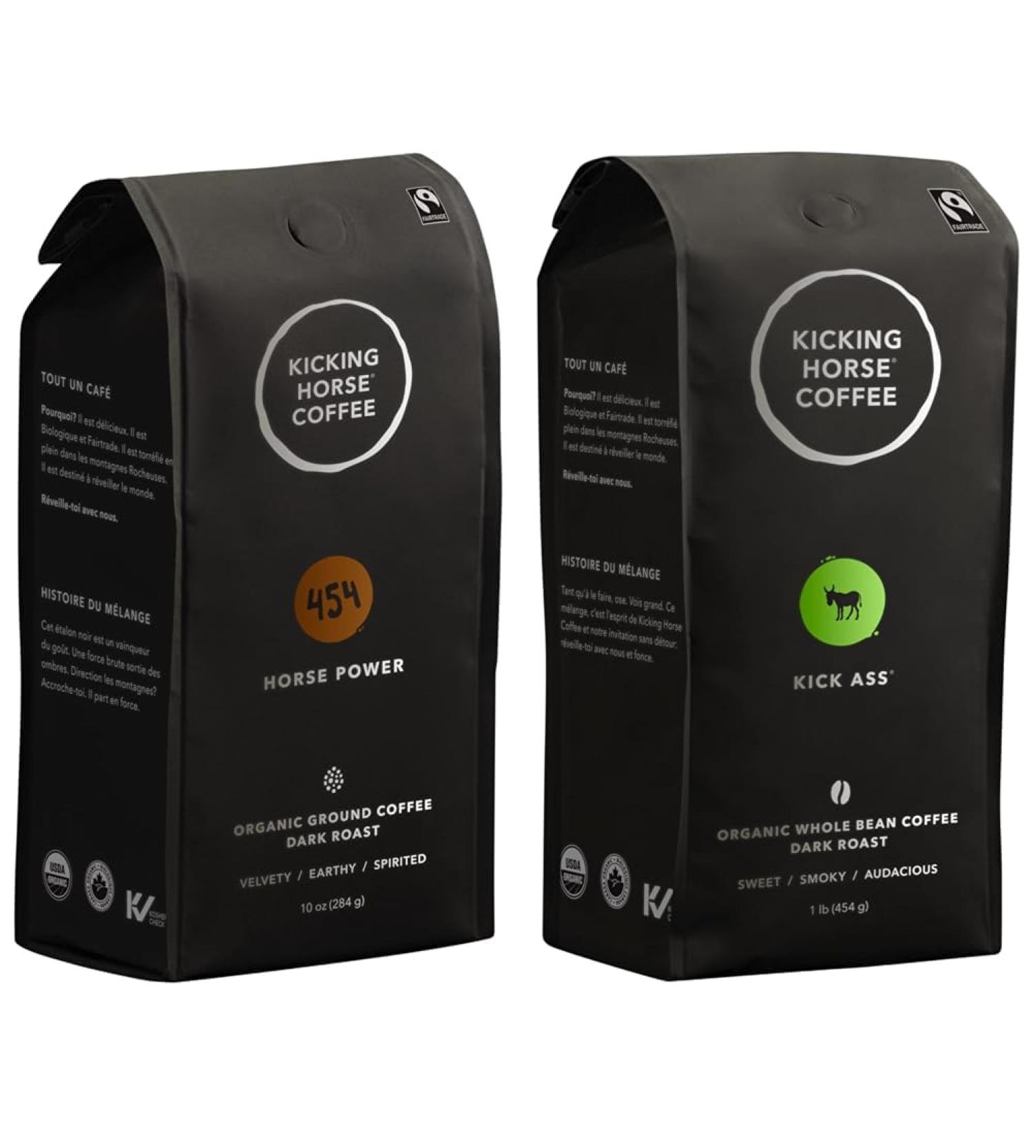 Kicking Horse Coffee 454 Horse Power Dark Roast Ground 284 g - Certified Organic Fairtrade & Kick Ass Dark Roast Whole Bean 1 lb - Certified Organic Fairtrade 454 Horse Power + Dark Roast 284.00 g (Pack of 1) - Buy Online on GoSupps.com
