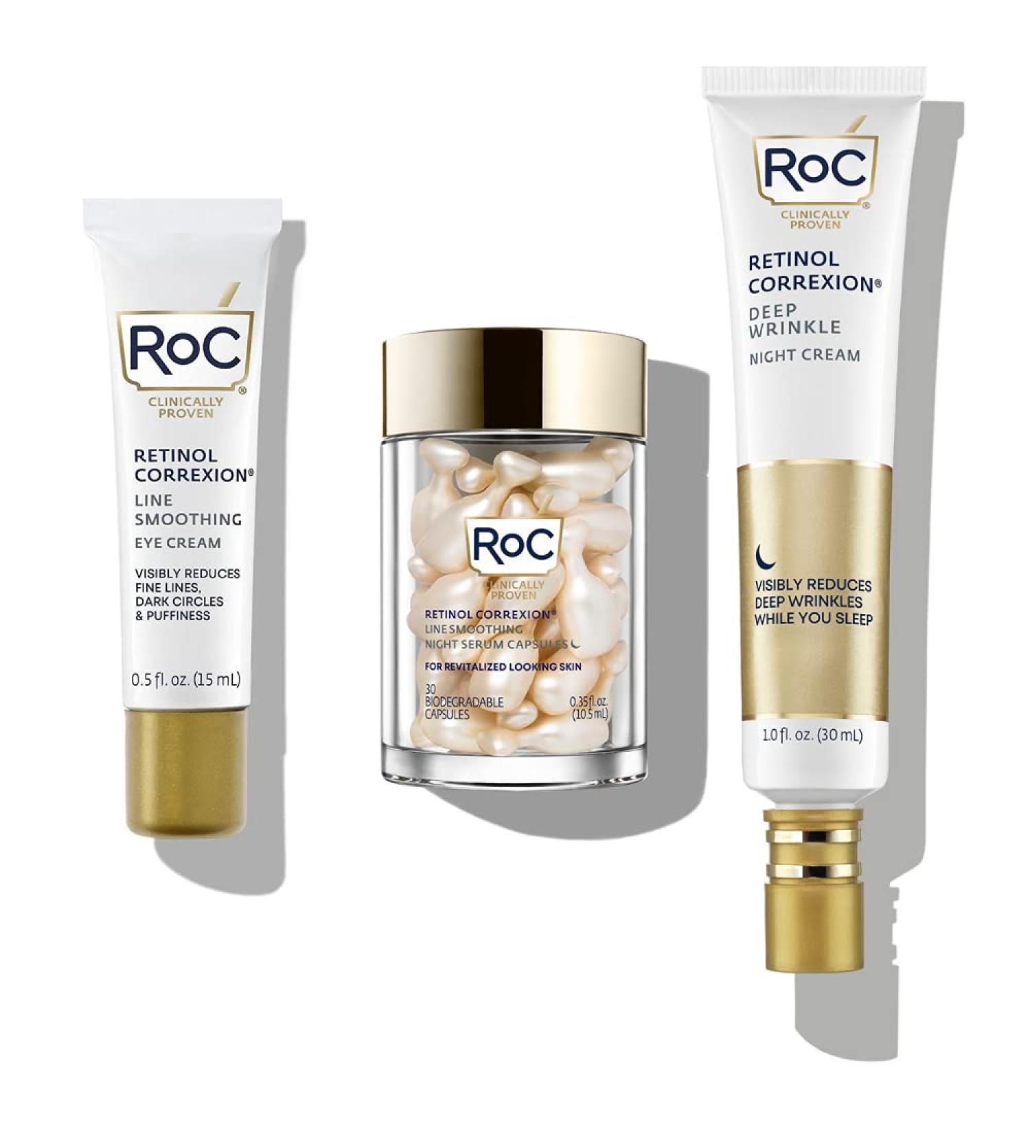 RoC Retinol PM Rituals Bundle: RoC Retinol Serum Night Capsules + Deep Wrinkle Night Cream + RoC Eye Cream for anti-wrinkles dark circles and puffy eyes