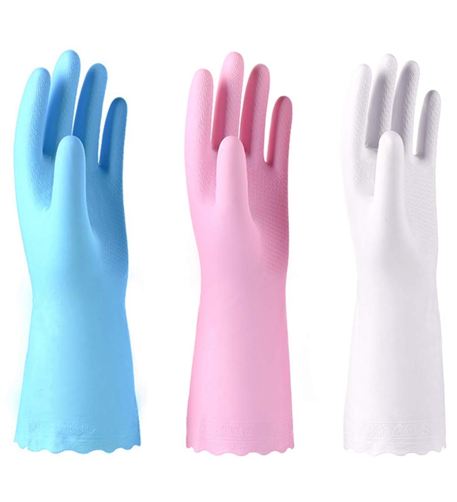Alimat Plus Reusable Cleaning Gloves Latex Free - 3 Pack Medium Size for Dishwashing, Laundry, Gardening - Waterproof Household Gloves in Pink, White, Blue - Buy Online on GoSupps.com