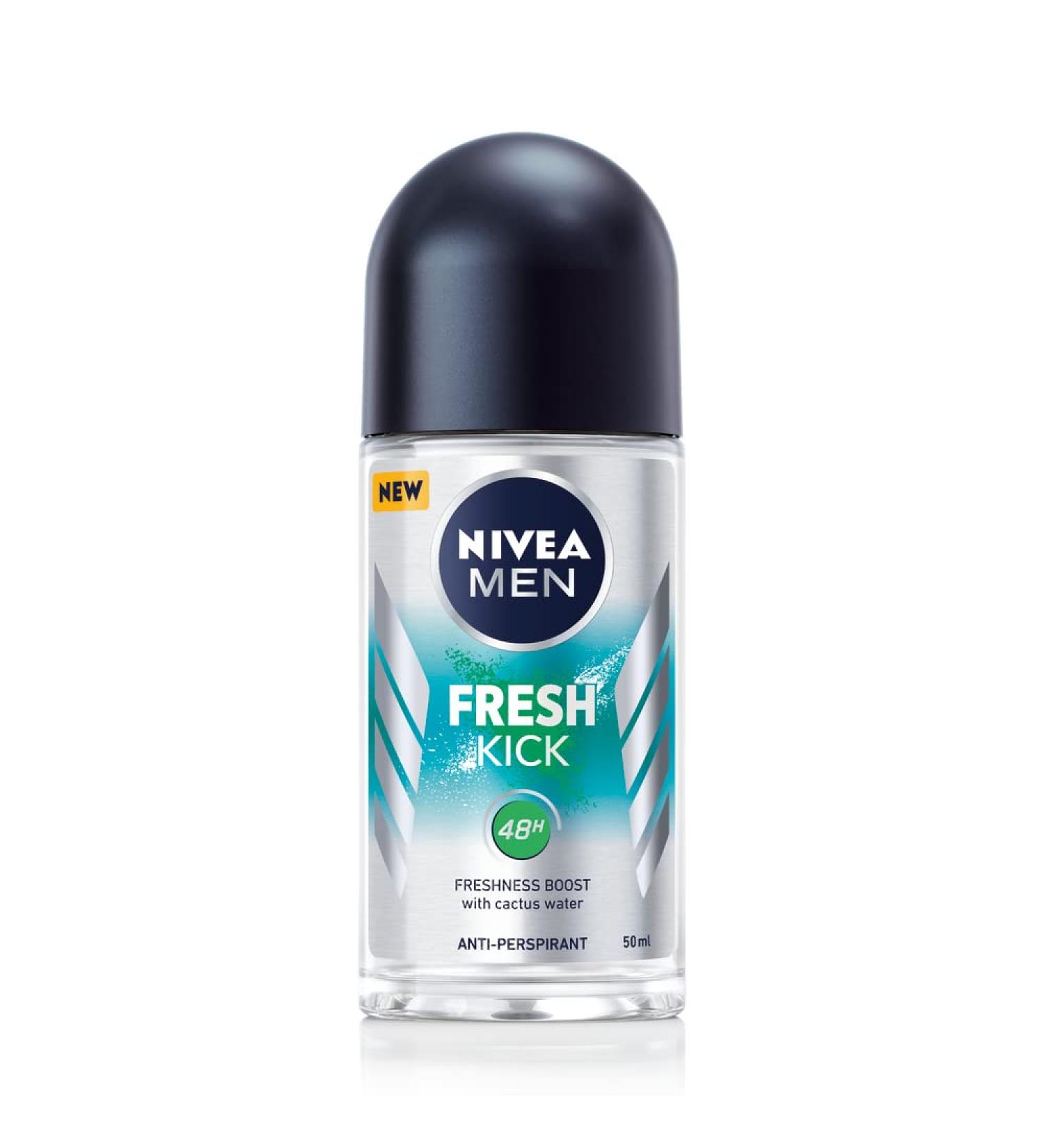 NIVEA MEN Fresh Kick Roll On Deodorant (50ml) Men's Deodorant with 48H Protection Antiperspirant for Men Scented with a Cool and Fresh Fragrance - Buy Online on GoSupps.com