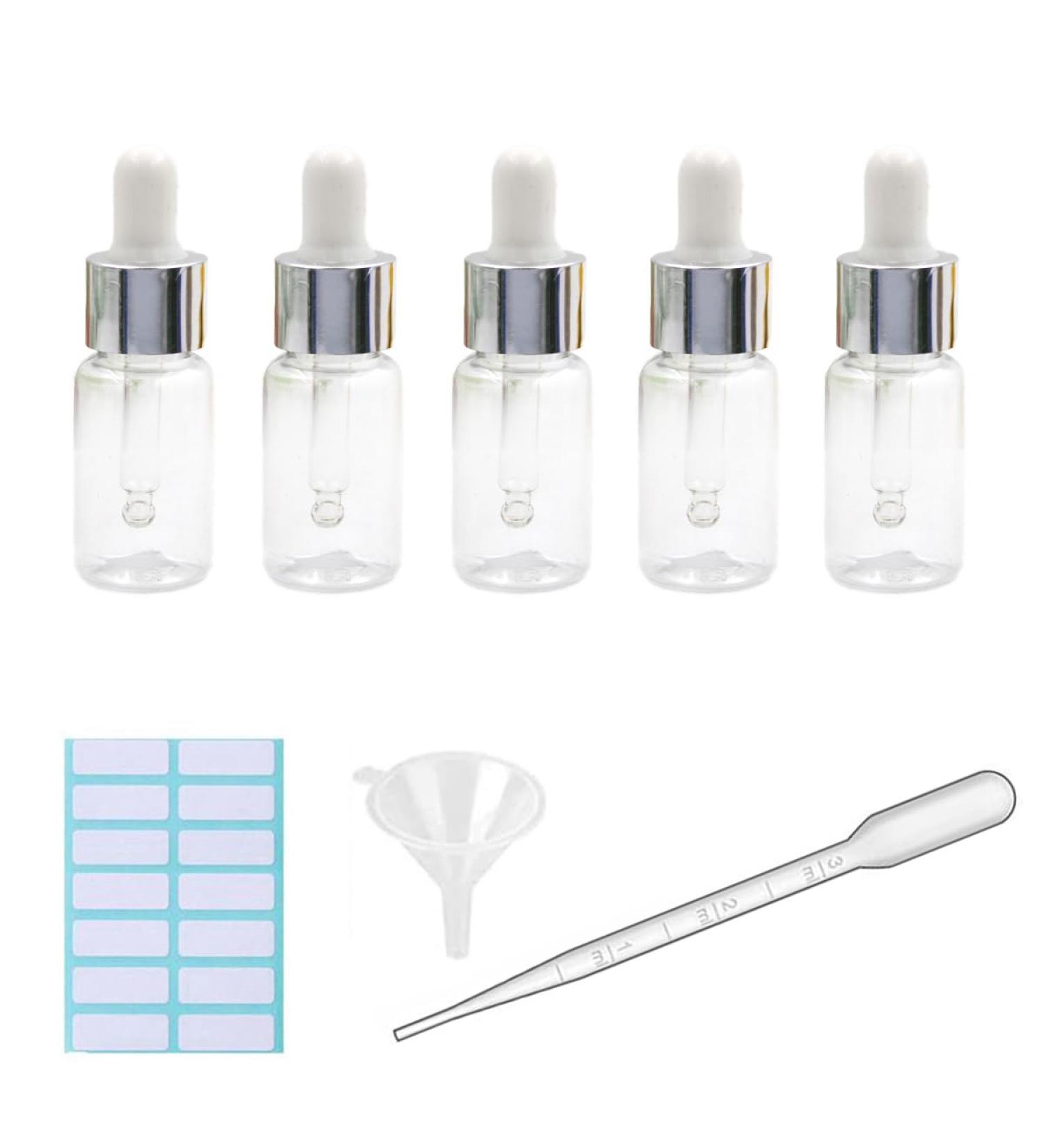 5Pcs Transparent Dropper Bottle 10ML Plastic Eye Dropper Bottles for Essential Oil Pipette Refillable - with Measured Pipette Funnel and Labels (Black + Silver Cap) 10ml Black + Silver Cap - Buy Online on GoSupps.com