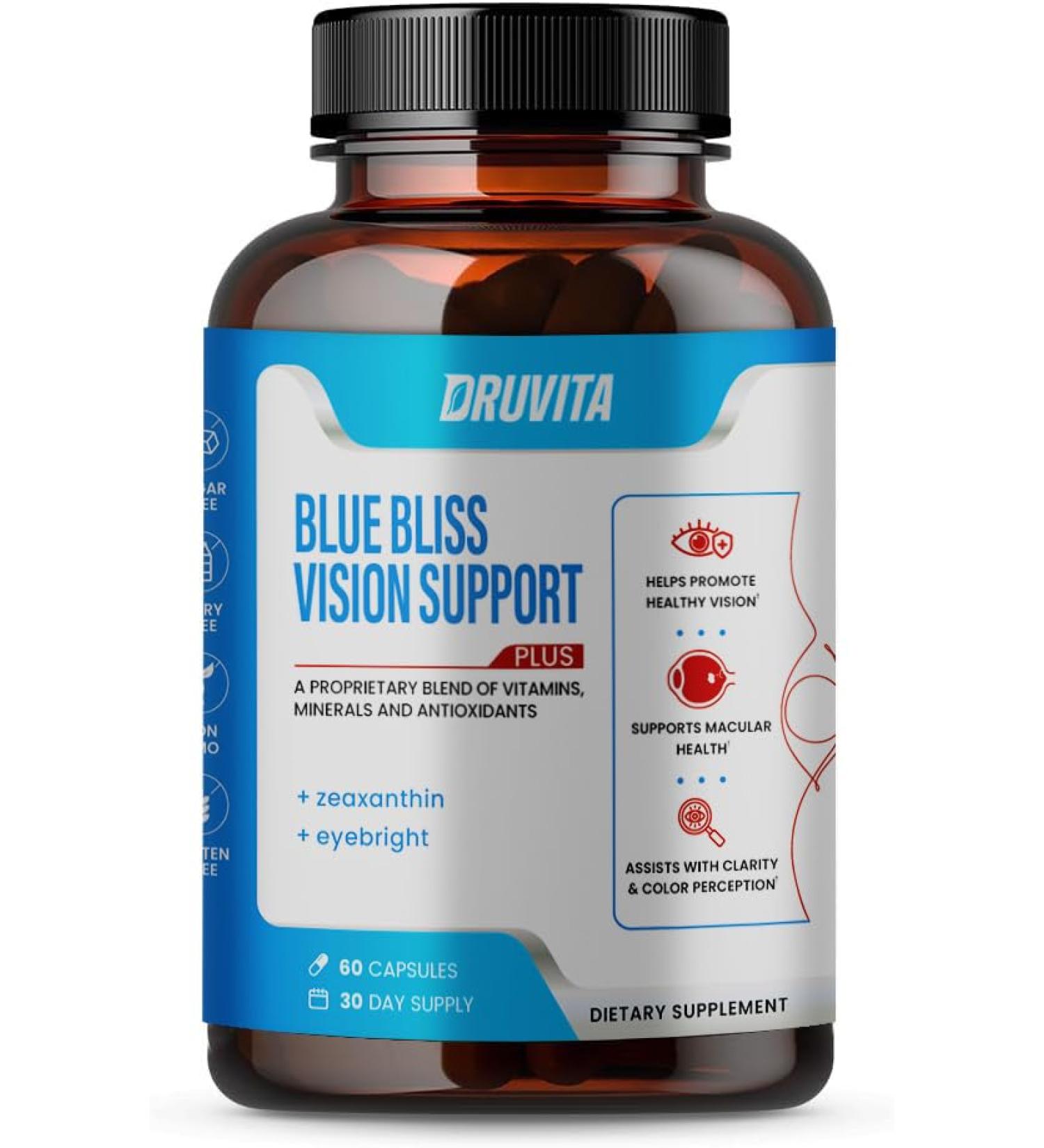 Blue Bliss Vision Support - Eye Vitamins with Lutein Biotin Bilberry and Zeaxanthin - Vitamin Supplement for Vision Health and Preservation for Adults Seniors 60 Veggie Capsules 30 Day Supply 60ct. Bottle - Buy Online on GoSupps.com