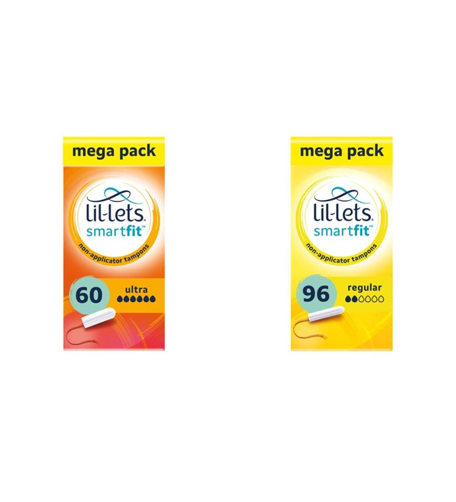 Lil-Lets Non-Applicator Ultra Tampons X 60 | 6 Packs of 10 | Extremely Heavy Flow & Non-Applicator Regular Tampons X 96 | 6 Packs of 16 | Light to Medium Flow + Regular Tampons X 96 - Buy Online on GoSupps.com