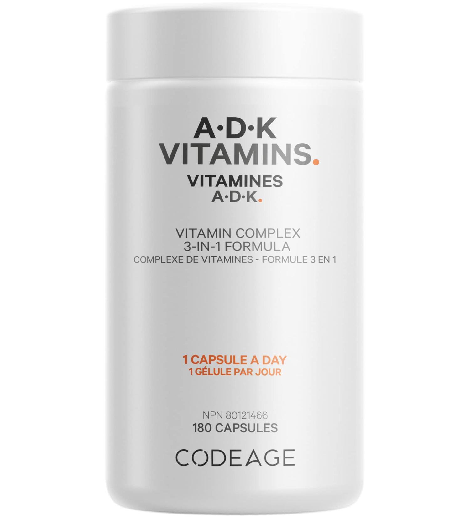 Codeage ADK Vitamin Supplement Vitamin A Vitamin D3 Cholecalciferol Vitamin K1 & K2 (MK4 & MK7) 6-Month Supply A D K Vitamins - Support Bones Teeth Vision Immune System - Non-GMO - 180 Capsules - Buy Online on GoSupps.com