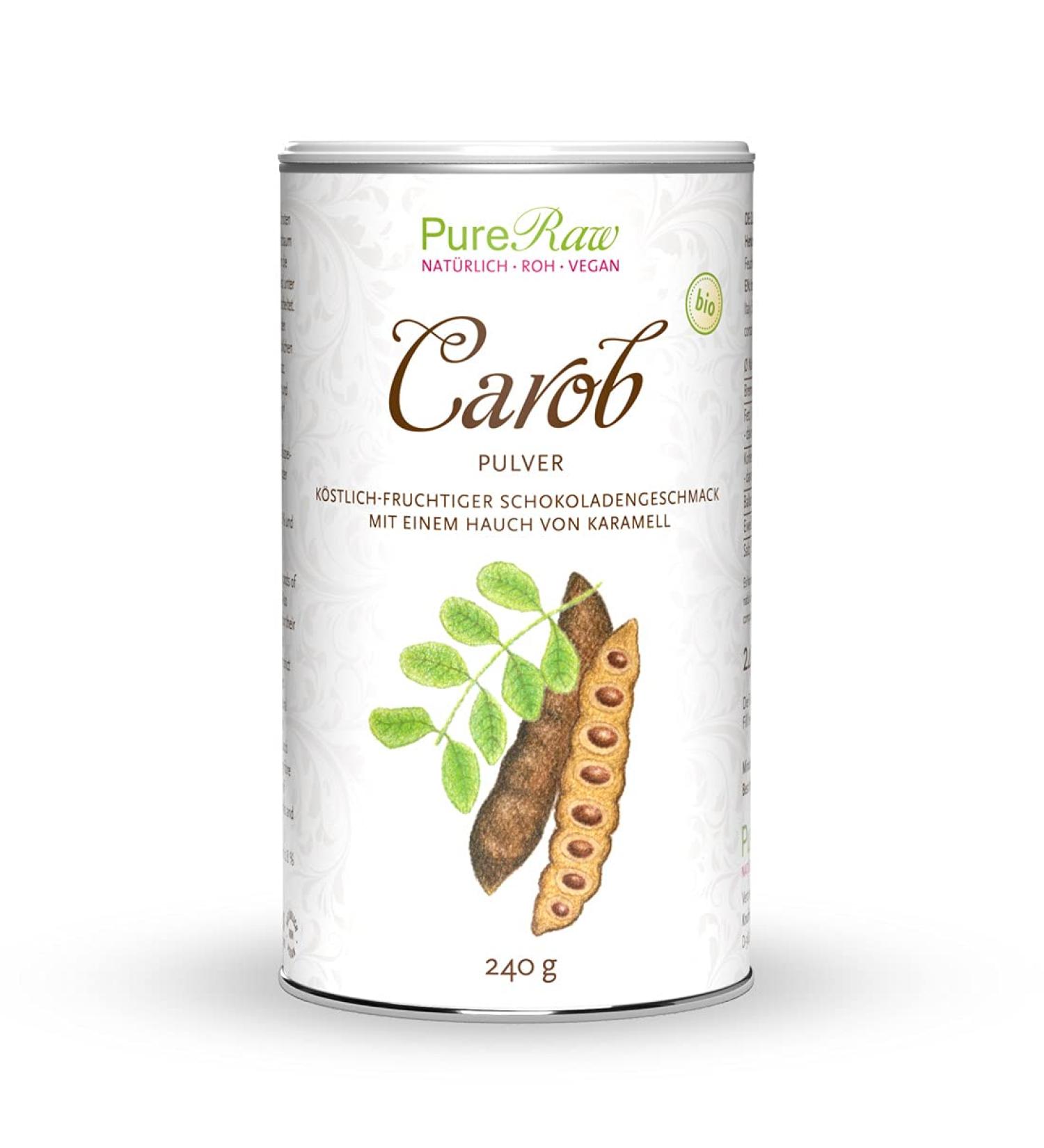 Organic Carob Powder - Vegan Cocoa Alternative for Sugar-Free Drinking Chocolate - Natural Sweetness & Fiber Rich - Pureeraw 240g - Buy Online on GoSupps.com
