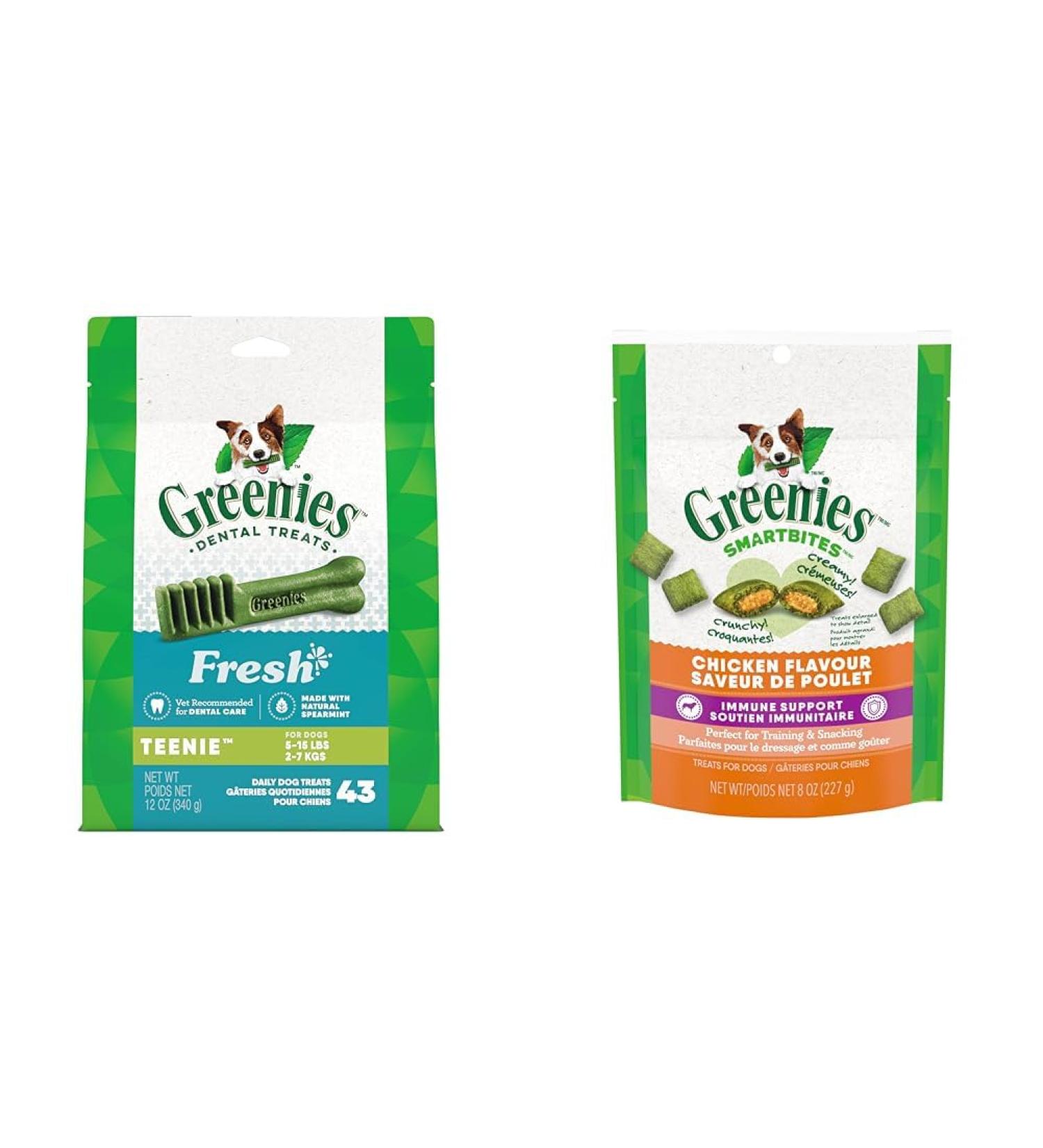 GREENIES Adult Dog Treats Fresh TEENIE Natural Dental Care (43 Treats) 12oz. Pack & Smartbites Dog Treats Immune Support Chicken Flavour 227g Pouch - Buy Online on GoSupps.com
