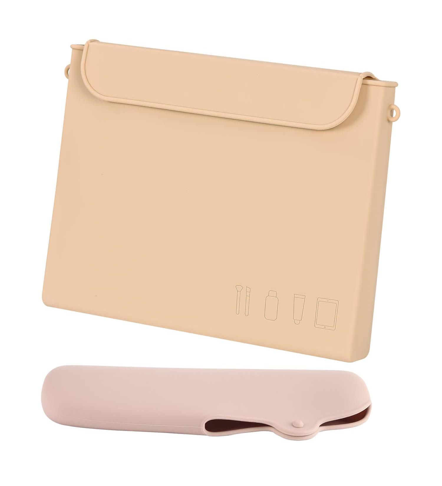 Travel Silicone Cosmetic Bag with Brush Holder | Easy Carry Makeup Organizer for Women (Khaki-3 - Buy Online on GoSupps.com