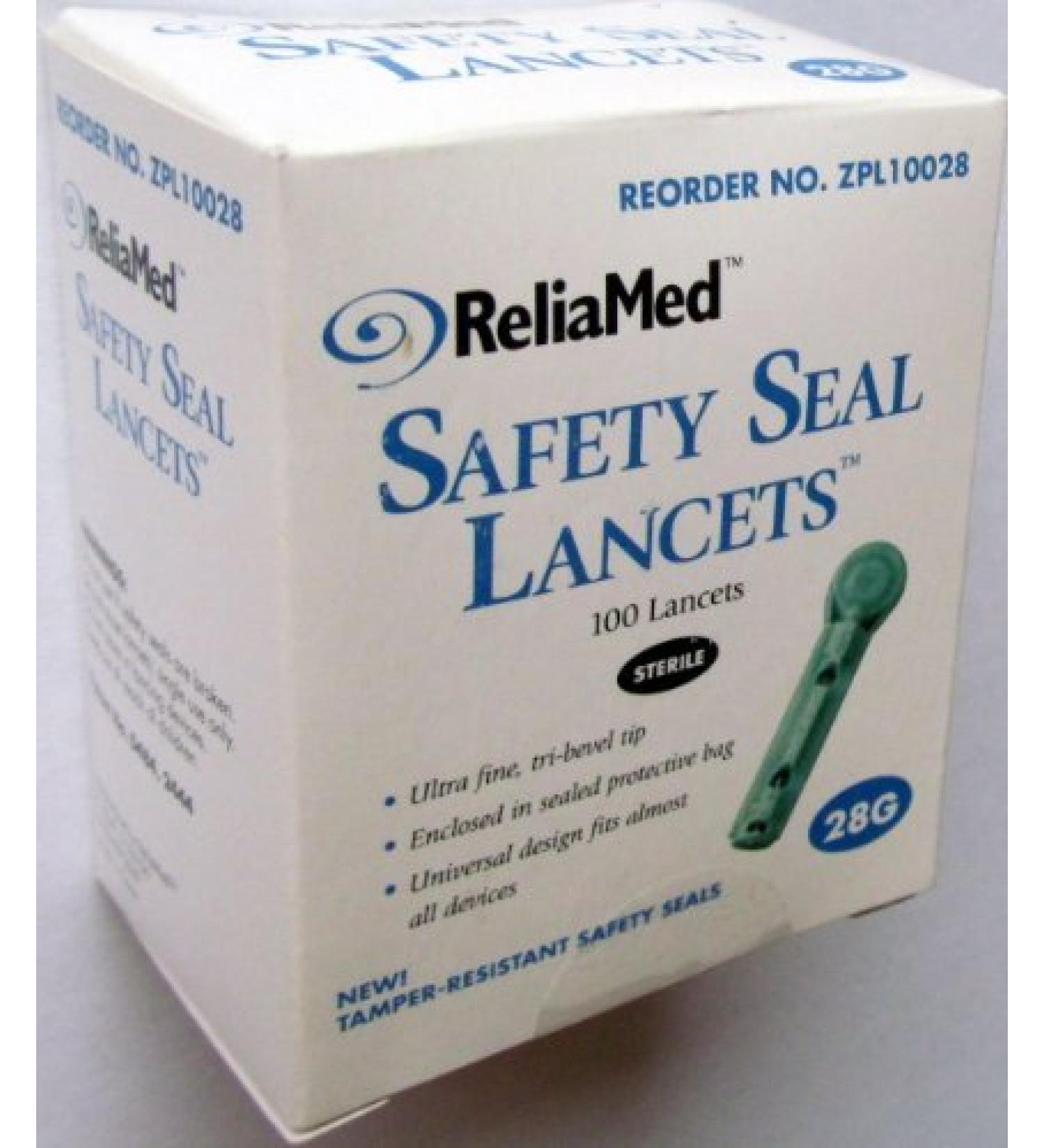 ReliaMed Universal Safety Seal Lancets 28G - 100/bx (BLUE)