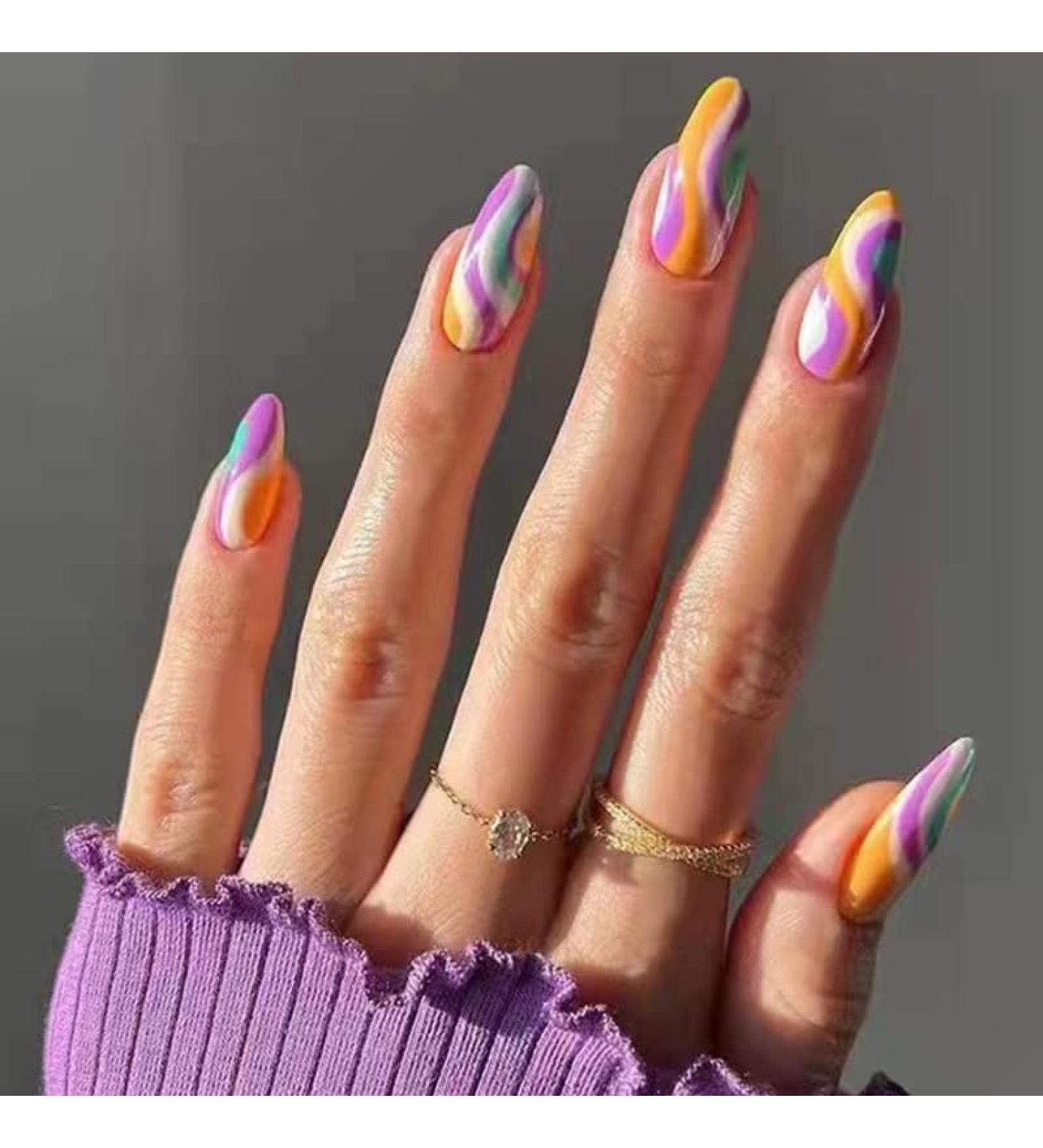 BSLVWG 24-Piece Almond Press-On Nails - Multi-Colored French Wave Pattern Nude Swirl Short Artificial Nails for Women with Glue - Buy Online on GoSupps.com