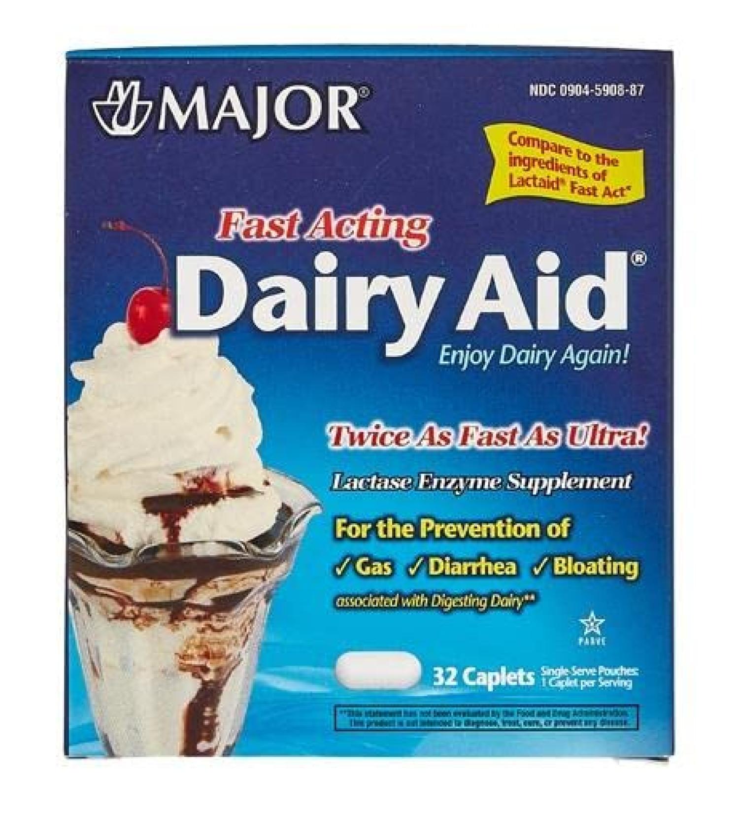 Major Fast Acting Dairy Aid Lactase Enzyme Supplement for Prevention of Gas Diarrhea Bloating - 32 Caplets