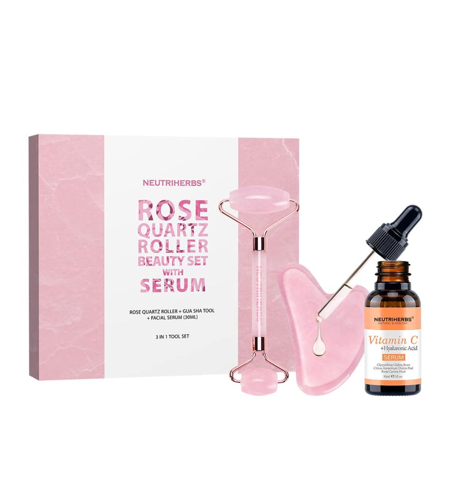 NEUTRIHERBS Jade Gua Sha & Face Roller & Vitamin C Serum Facial Tool Set(3 in 1 Kit) Home Face Massager for Wrinkle Fine Line Puffiness Firm Smooth Relax Skin -- Pink - Buy Online on GoSupps.com
