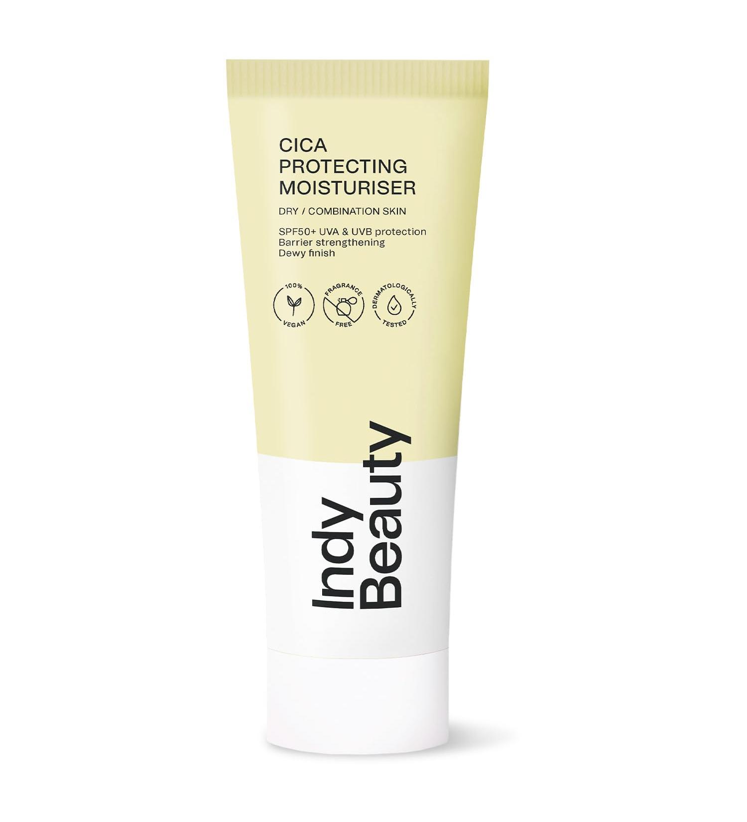 SPF 50 Face Moisturiser with Cica for Dry & Combination Skin 50ml - Lightweight Centella Sunscreen Against UVA & UVB - Face Sun Cream SPF50 - Anti Redness Cream - Vegan & Fragrance Free - Indy Beauty - Buy Online on GoSupps.com