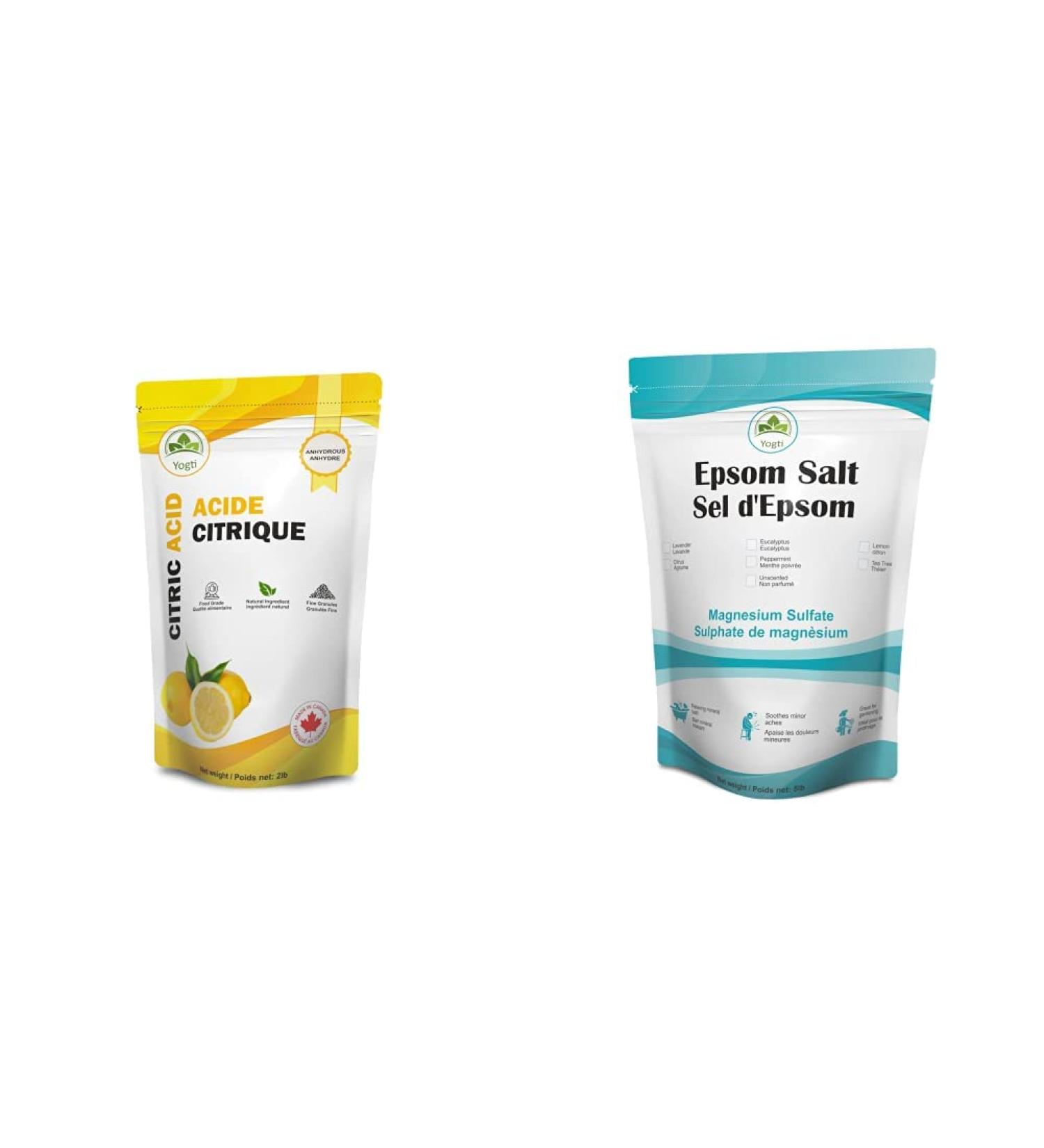 Yogti Citric Acid Powder 2LB & Natural Epsom Salt- Canadian Brand 5 pound Acid Powder + Bathwater Additive White - Buy Online on GoSupps.com