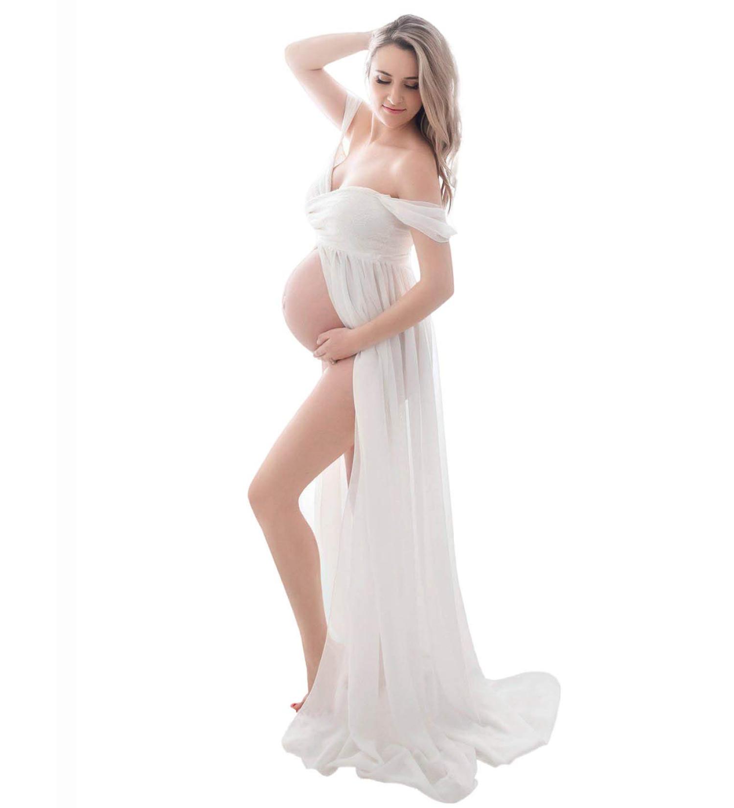 FEOYA Maxi Maternity Dress: Chiffon Lace Strapless Gown for Pregnant Women Photography - White - Buy Online on GoSupps.com