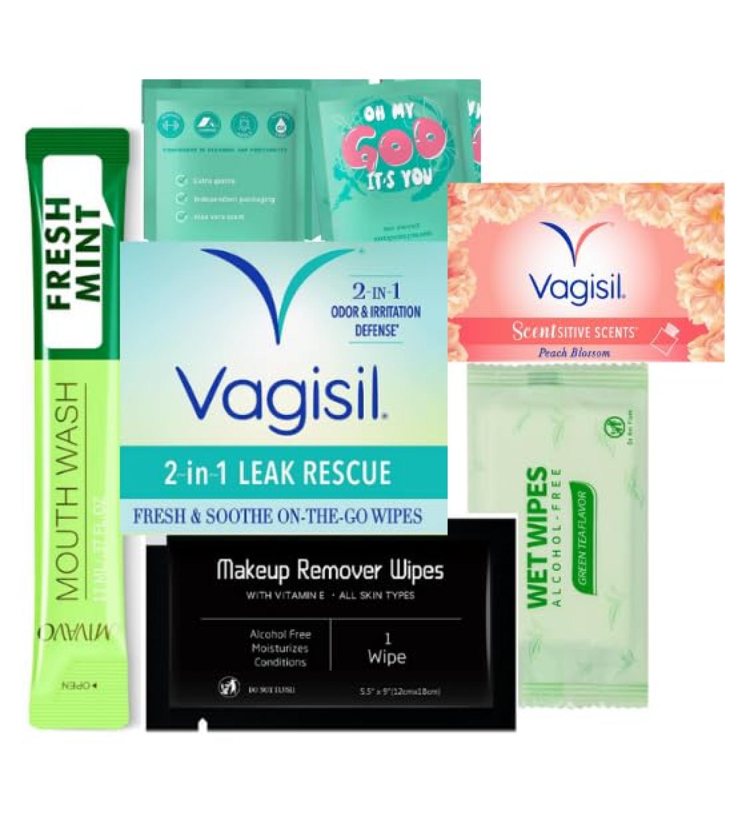 Feminine wash kit travel expected the unexpected and keep confident with individual wrap items QR code (Leak Rescue & Peach Blossom)