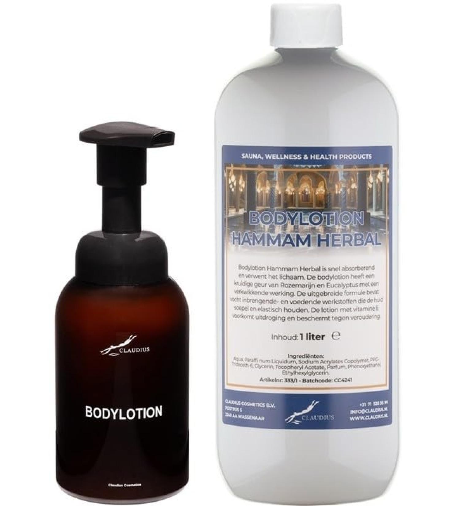Claudius Soap dispenser 300 ml amber brown refillable + 1 liter Body Lotion Hammam Herbal refill bottle with printing