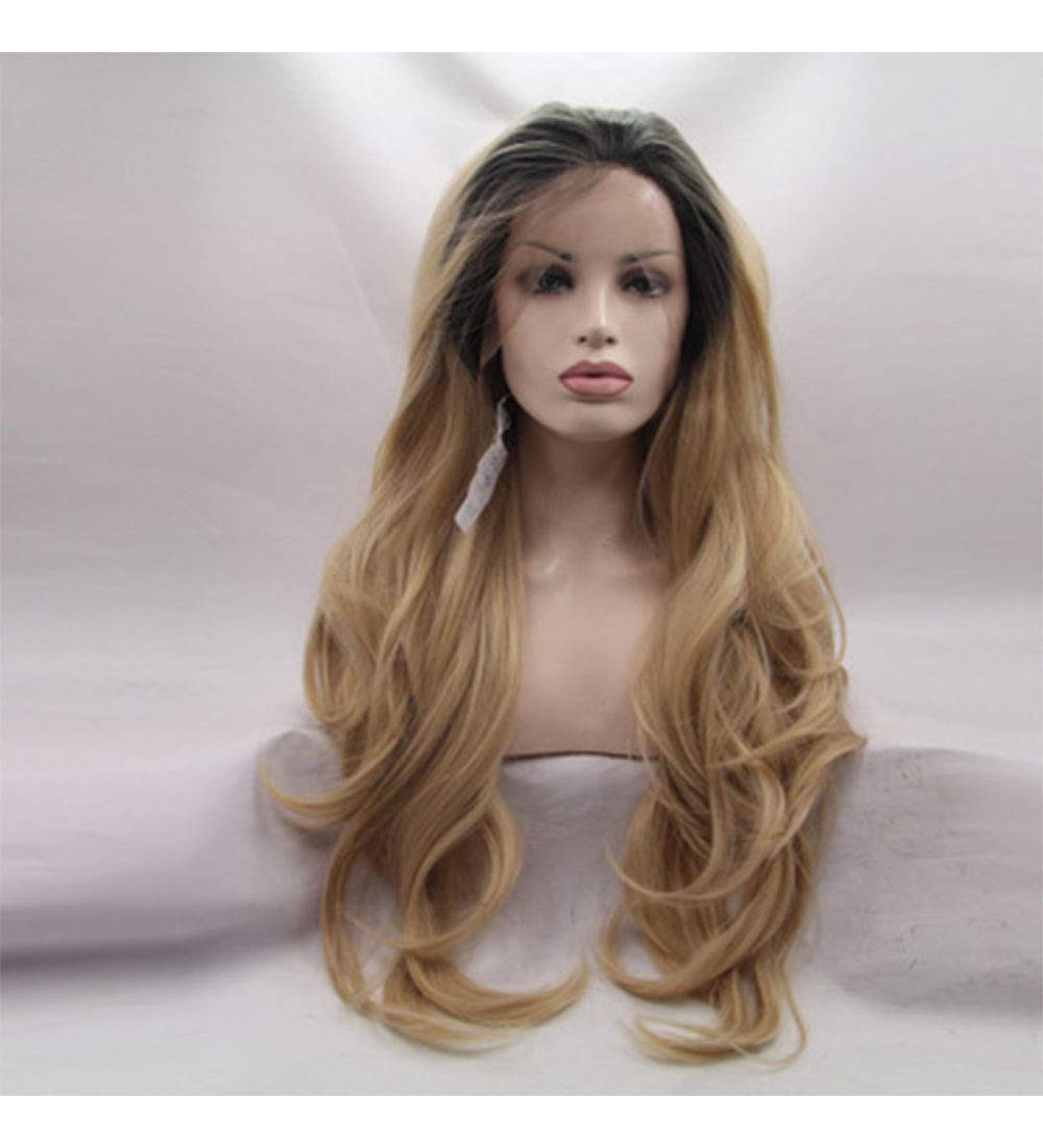 20-Inch Long Blonde Wig with Brown Roots | Synthetic Lace Front Soft Waves - Perfect for All Occasions - Buy Online on GoSupps.com