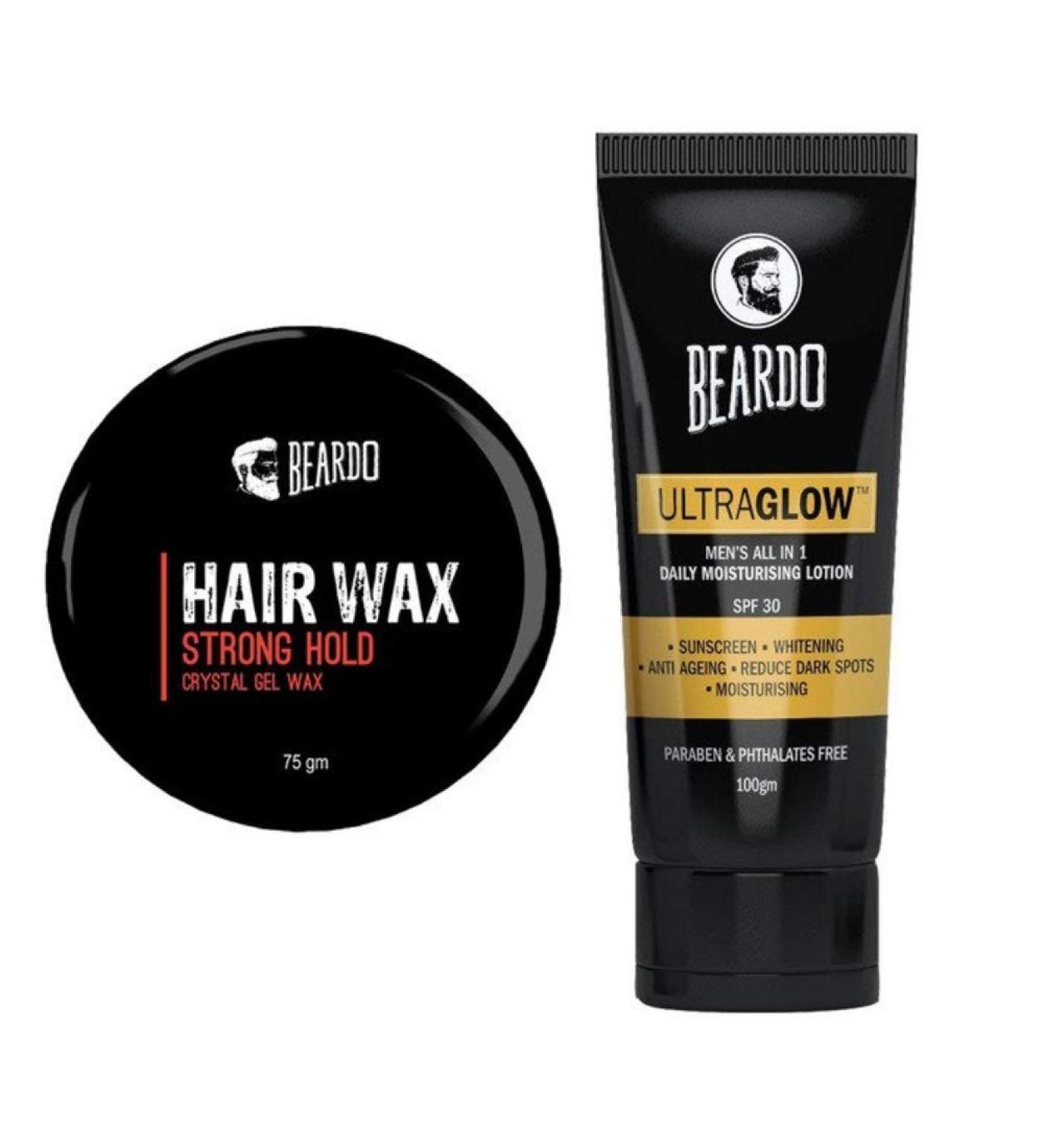 BEARDO HAIR WAX - Strong Hold (75gm) And Beardo Ultraglow Lotion (100gm) Combo