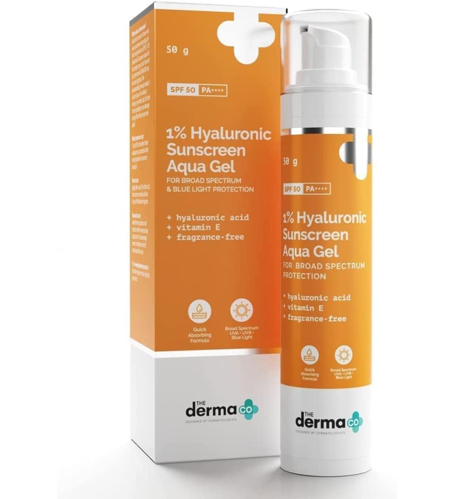 The Der'ma Co 1% Hyaluronic Sunscreen Aqua Ultra Light Gel with SPF 50 PA++++ for Broad Spectrum UV A UV B & Blue Light Protection - 50g(dermaco) - Buy Online on GoSupps.com