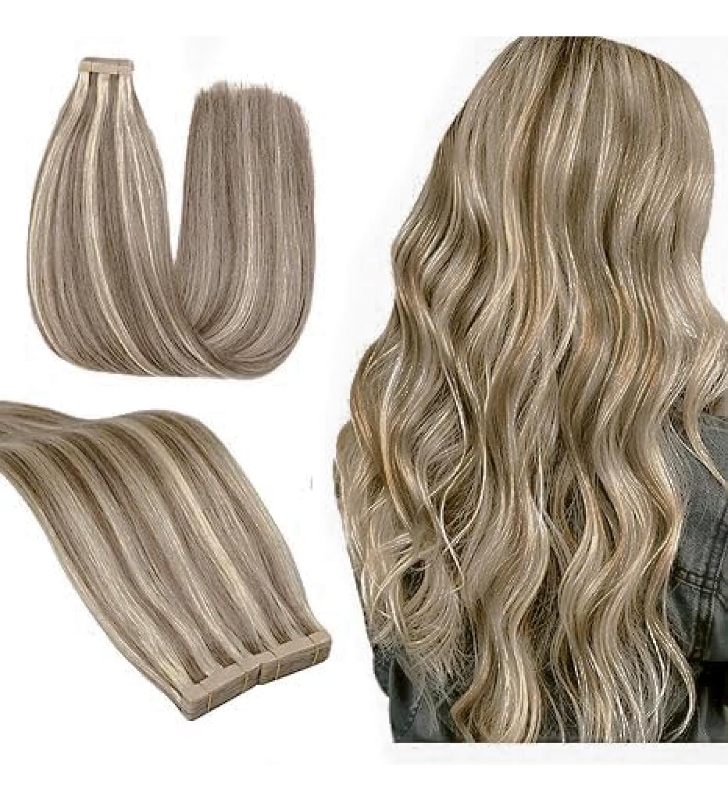 Hotlulana Tape-In Hair Extensions | Real Hair Chestnut Brown to Blonde Highlights (#P6/613) | 24 Inch 50g Invisible 100% Natural - 20pcs Skin Weft - Buy Online on GoSupps.com