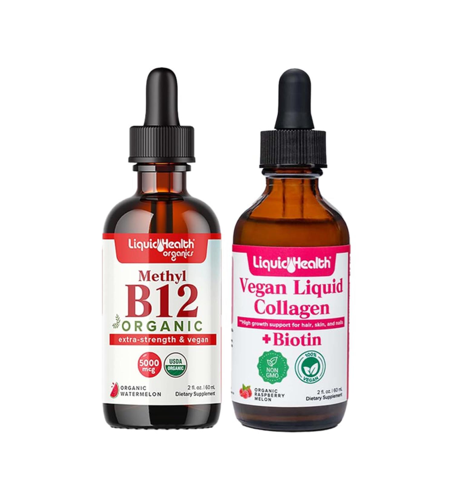 LIQUIDHEALTH Organic Methyl B12 5000mcg Vitamin Drops with Tart Cherry Juice & 100% Vegan Plant-Based Collagen Plus Biotin Drops - Natural Energy Boost Improve Focus Hair & Nail Growth Skin Health - Buy Online on GoSupps.com