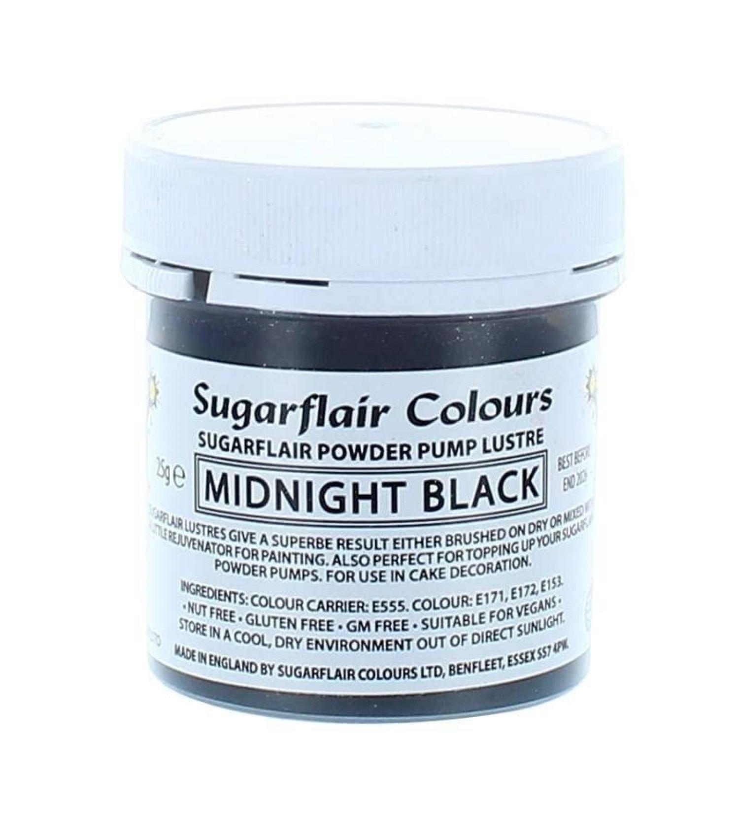 Sugarflair Colours Edible Power Pump Lustre - Midnight Black - Food Colouring Powder Edible Colour Dust Brush On Spray or Add Rejuvenator to Create Eye-Catching Paint Effect - 25g