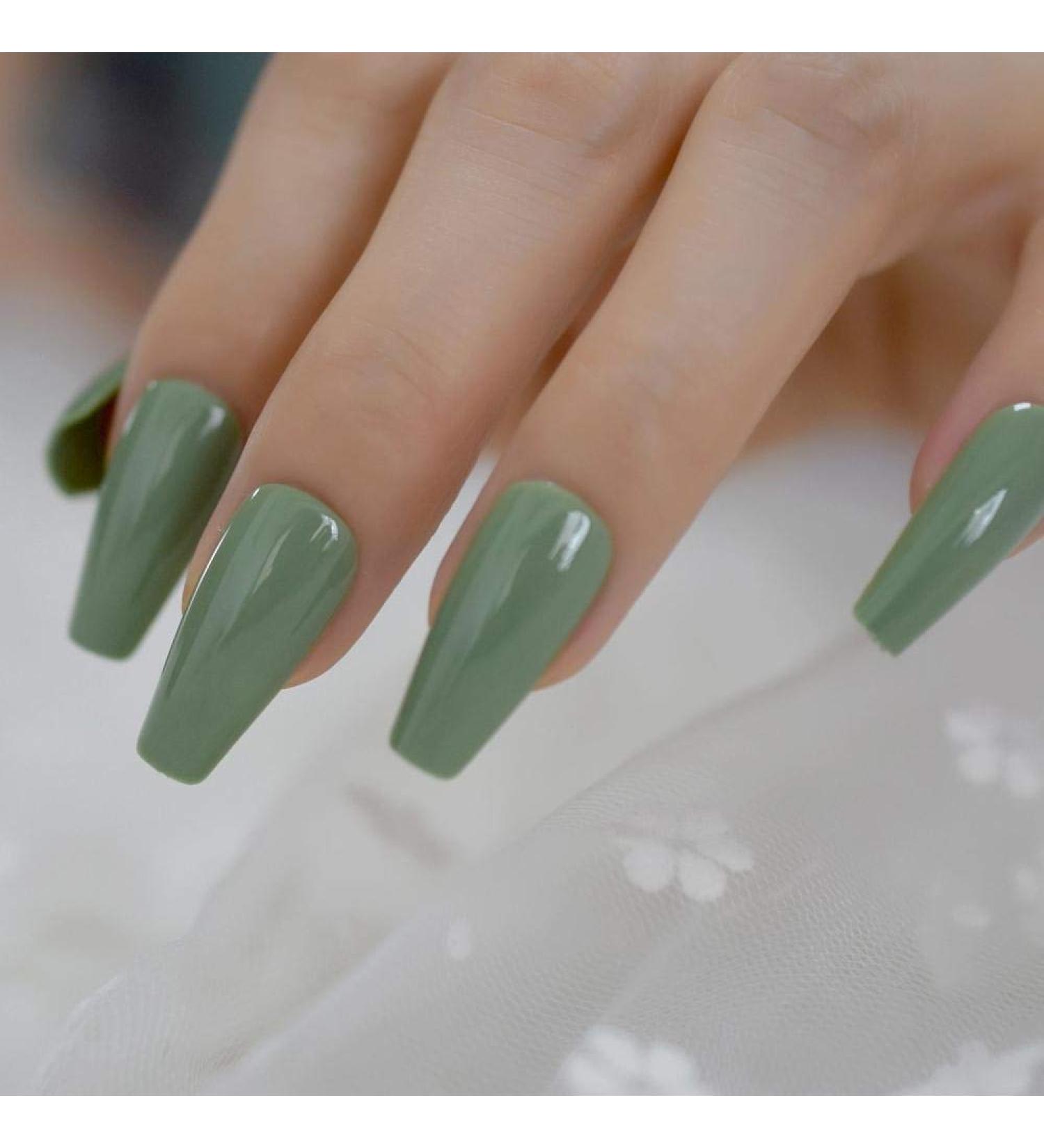 HUJL Artificial Nails - Shiny Olive Pressed Ballerina Flat Nails | No Print Tape | International Shipping - Buy Online on GoSupps.com
