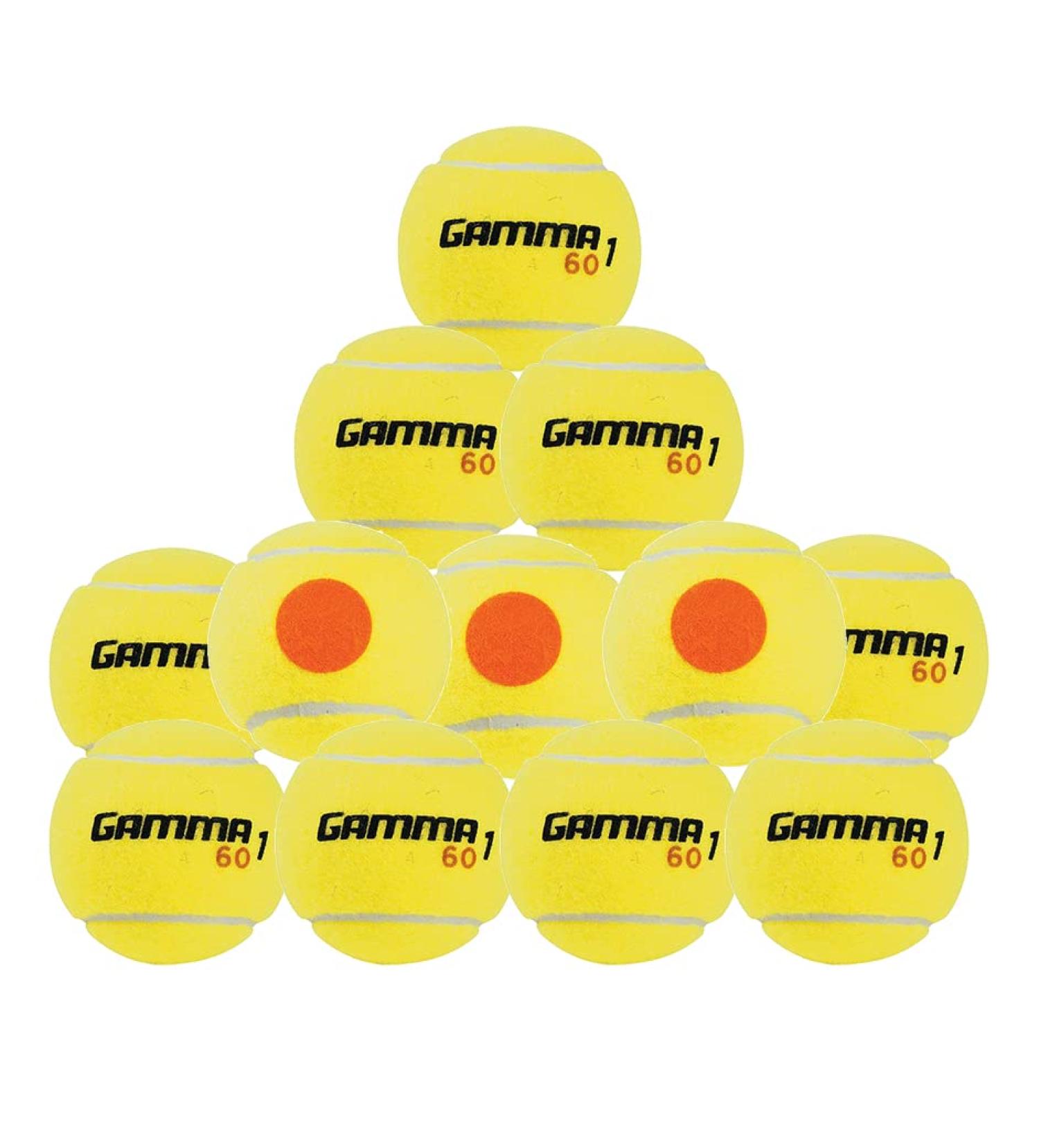 Gamma Quick Kids (Transition) Practice Tennis Balls: Red 36, Orange 60, or Green 78 Dot (25%-50% Slower Ball Speed) - 12, 36, 48, 60 Pack Sizes 12 Balls Quick Kids 60 (50% Slower Speeds)