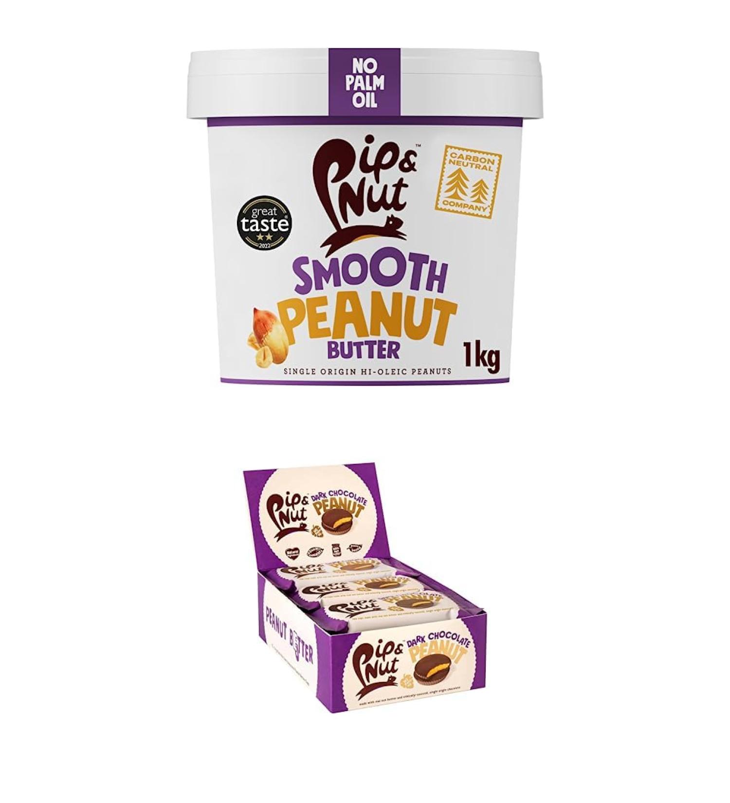 Pip & Nut 1kg Smooth Peanut Butter & 15 Packs of 2 Dark Chocolate Peanut Butter Cups | Natural Nut Butter No Palm Oil No Added Sugar Hi-Oleic Peanuts - Buy Online on GoSupps.com