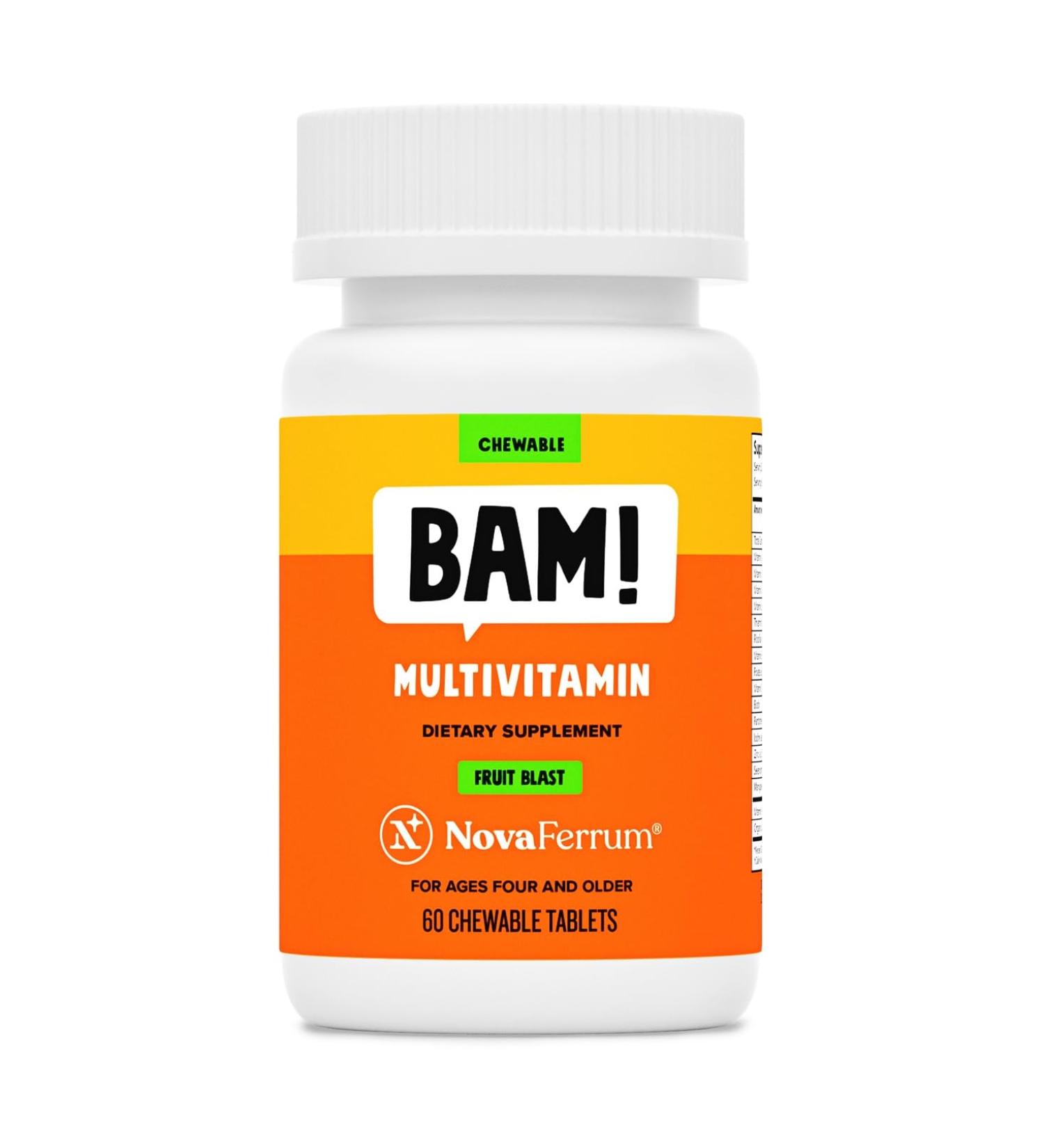 NovaFerrum BAM Chewable Multivitamin for Kids & Adults Ages 4 and Above - Fruit Blast Flavor - 60 Chewable Tablets - with Vitamins A, C, D, E, B6, B12, Biotin, Zinc, Selenium & Manganese - Buy Online on GoSupps.com