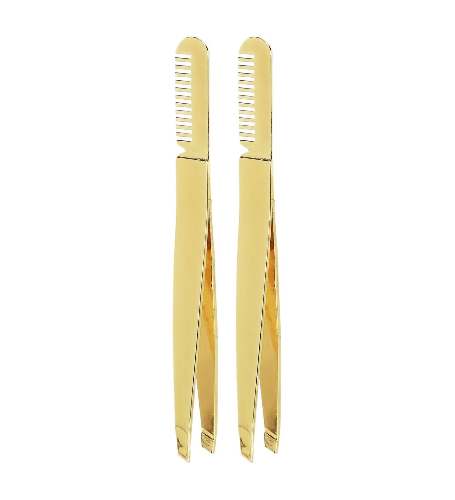 2pcs Stainless Steel Double Ended Tweezer Comb - Golden Eyebrow Shaping Tool for Precision Grooming | International Shipping Available - Buy Online on GoSupps.com