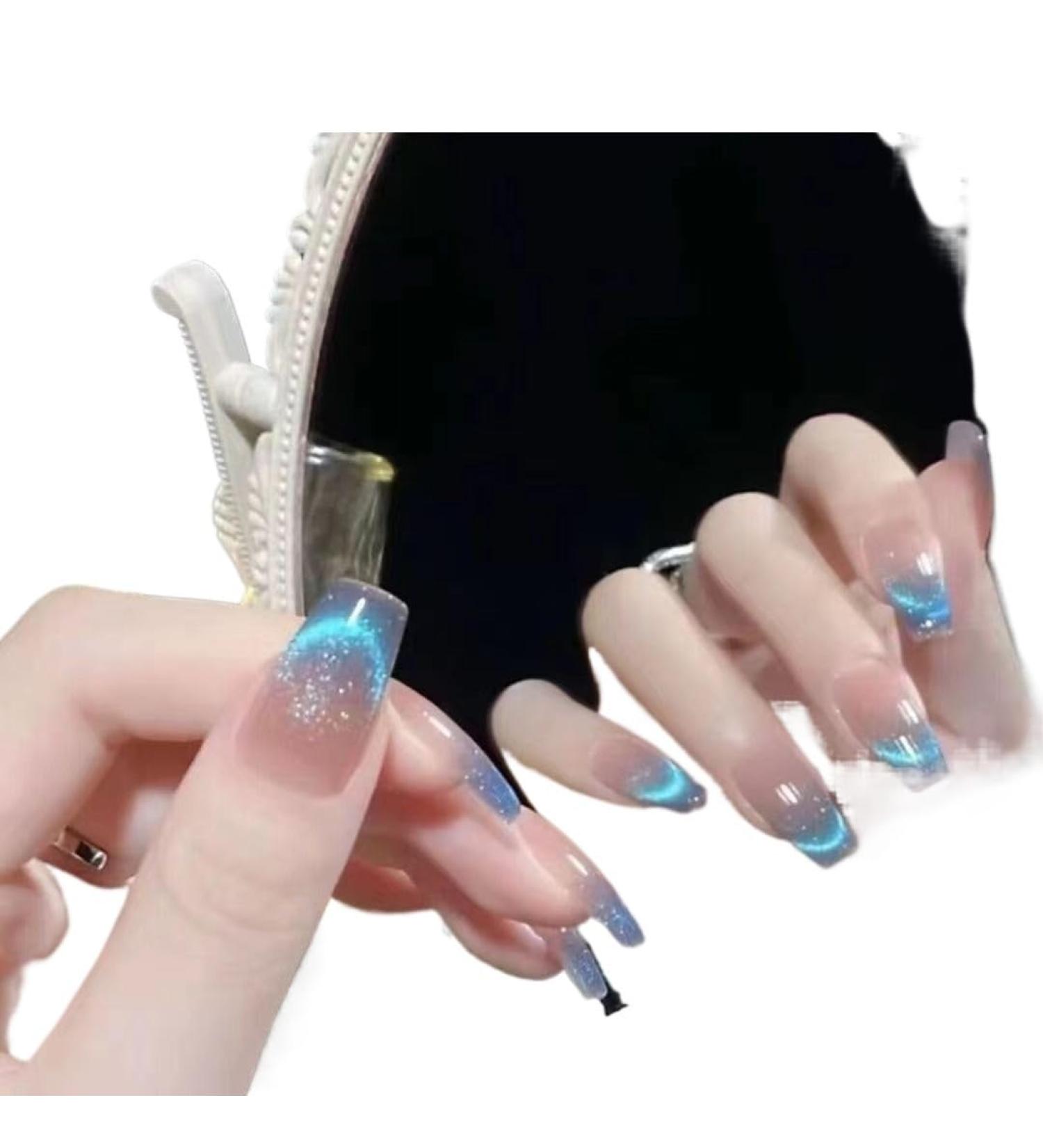 Temperament-enhancing nail art hand-made nail polish transparent blue cat's eye fairy wearing finished detachable Joker nail stickers.(S)