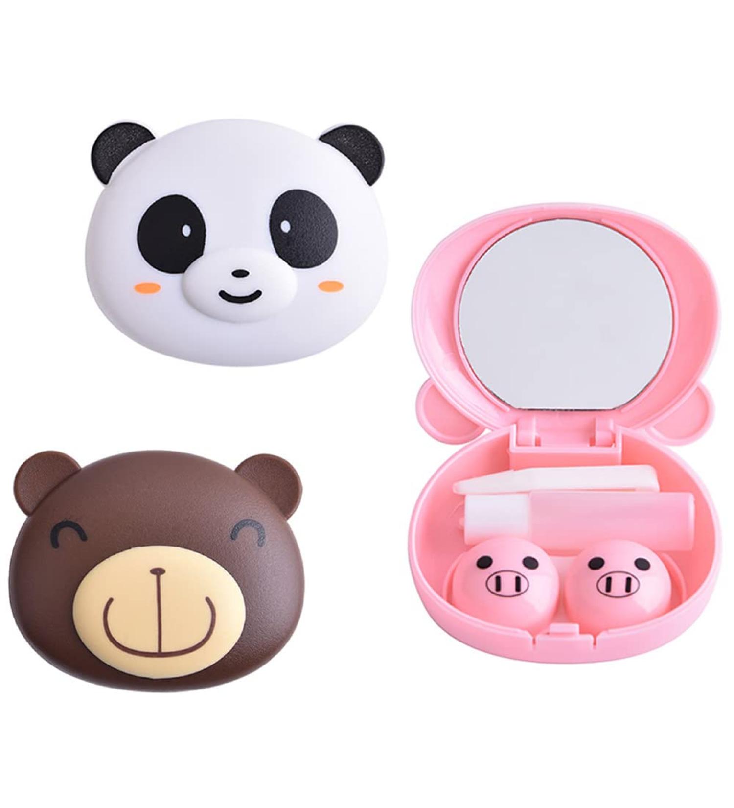Pink Pig and Panda Bear Contact Lens Case Travel Kit - Cute Animal Holder with Mirror and Tweezers - 2 Pcs/Set - Buy Online on GoSupps.com