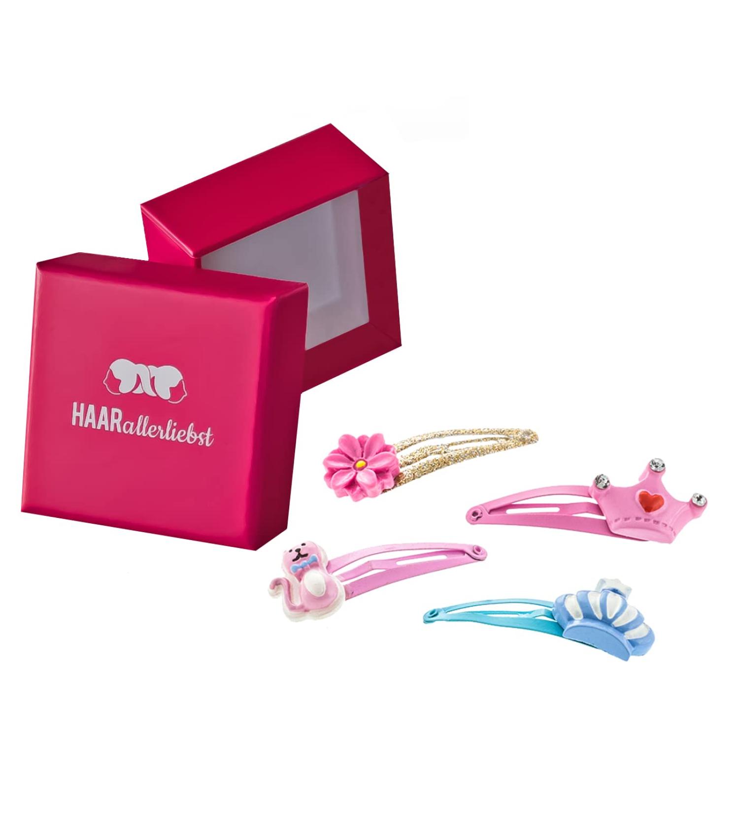 Colorful Glitter Hair Clips Set for Girls - 4 Stylish Designs with Storage Box - Crowns Stars & Flowers - Buy Online on GoSupps.com