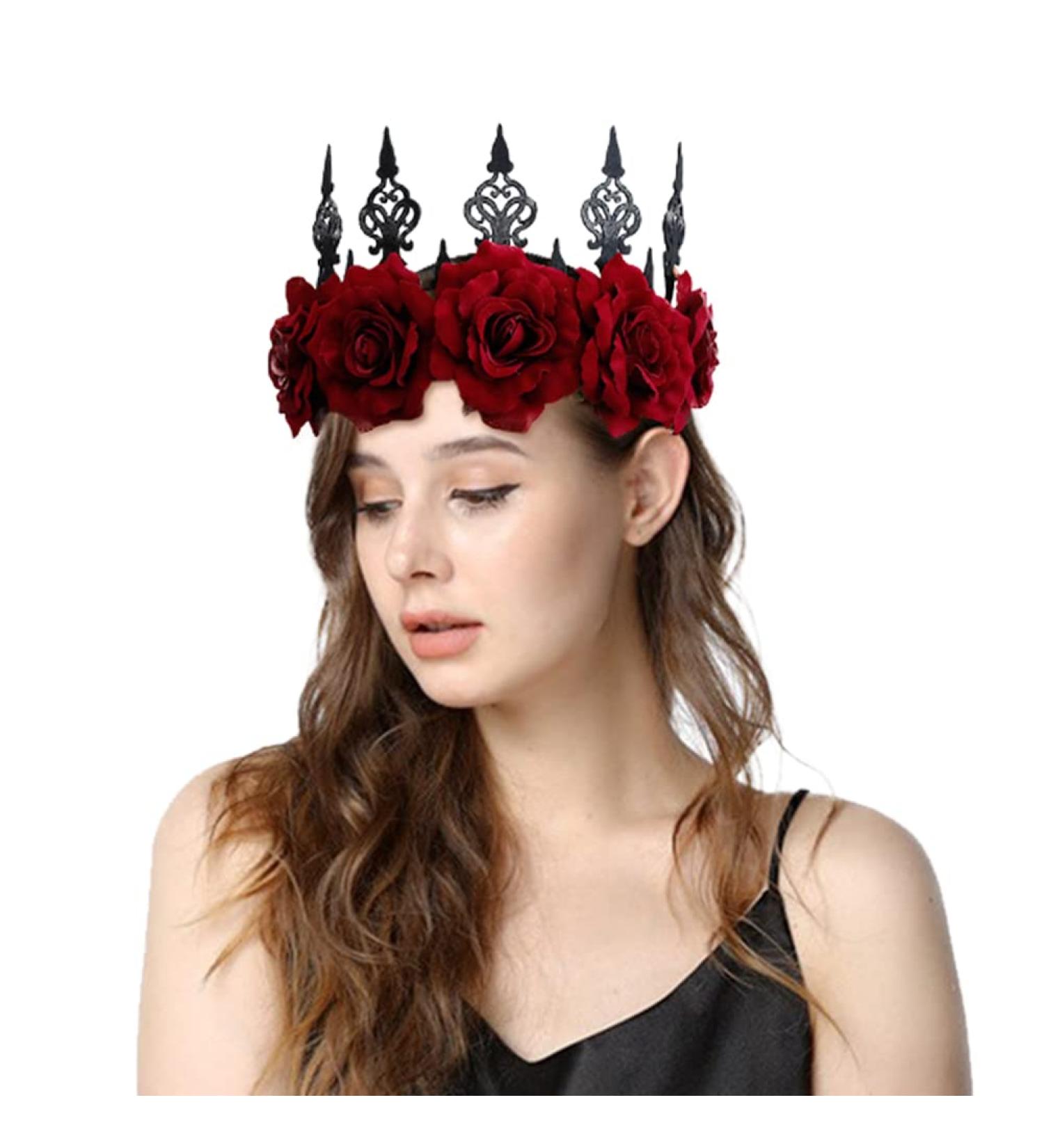 Gothic Flower Crown Headband Rose Hairband Bridal Floral Garland Headpiece Hair Wreath Women Girls Boho Flower Tiara Hair Accessories for Wedding Cosplay Dancing Party Costume Headwear Wine Red - Buy Online on GoSupps.com