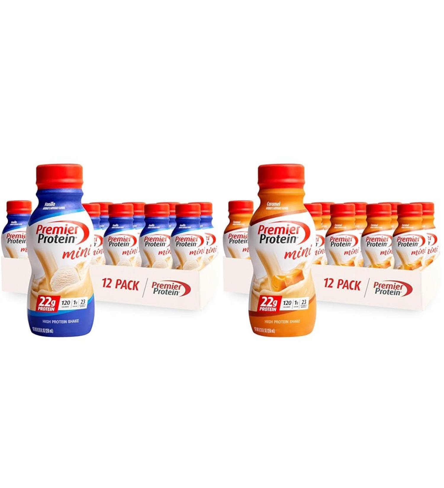 Premier Protein Shake MINIs Vanilla & Caramel Flavors, 22g Protein, 120 Calories, 1g Sugar, 8.75fl oz, Packs of 12 - Buy Online on GoSupps.com