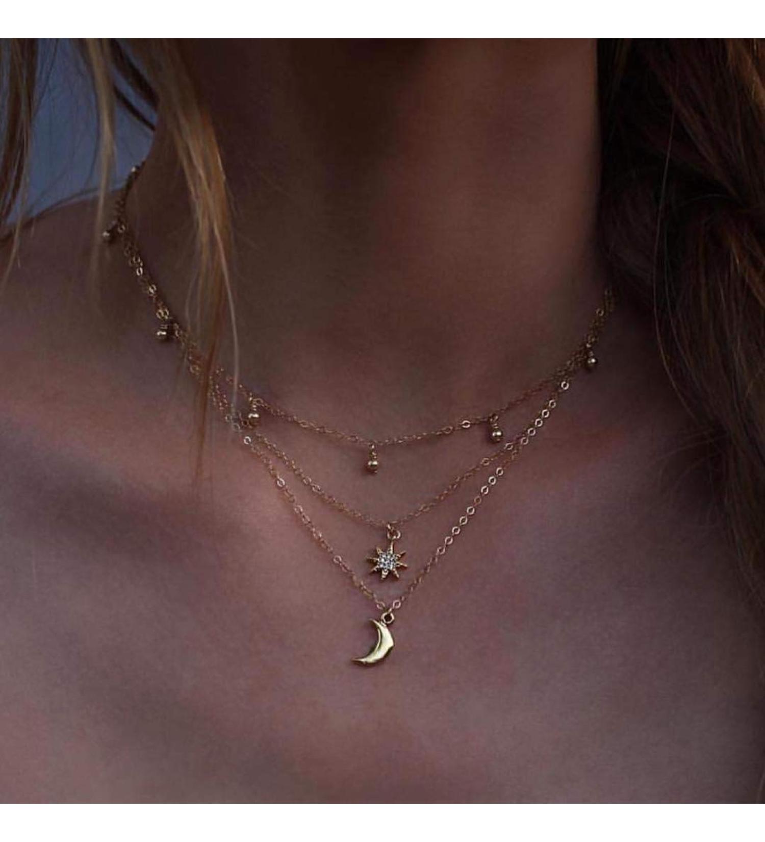 DoubleNine Star Moon Pendant Necklace - Dainty Gold Crystal Choker for Bridesmaids & Women | Chic Layering Jewelry Accessories - Buy Online on GoSupps.com