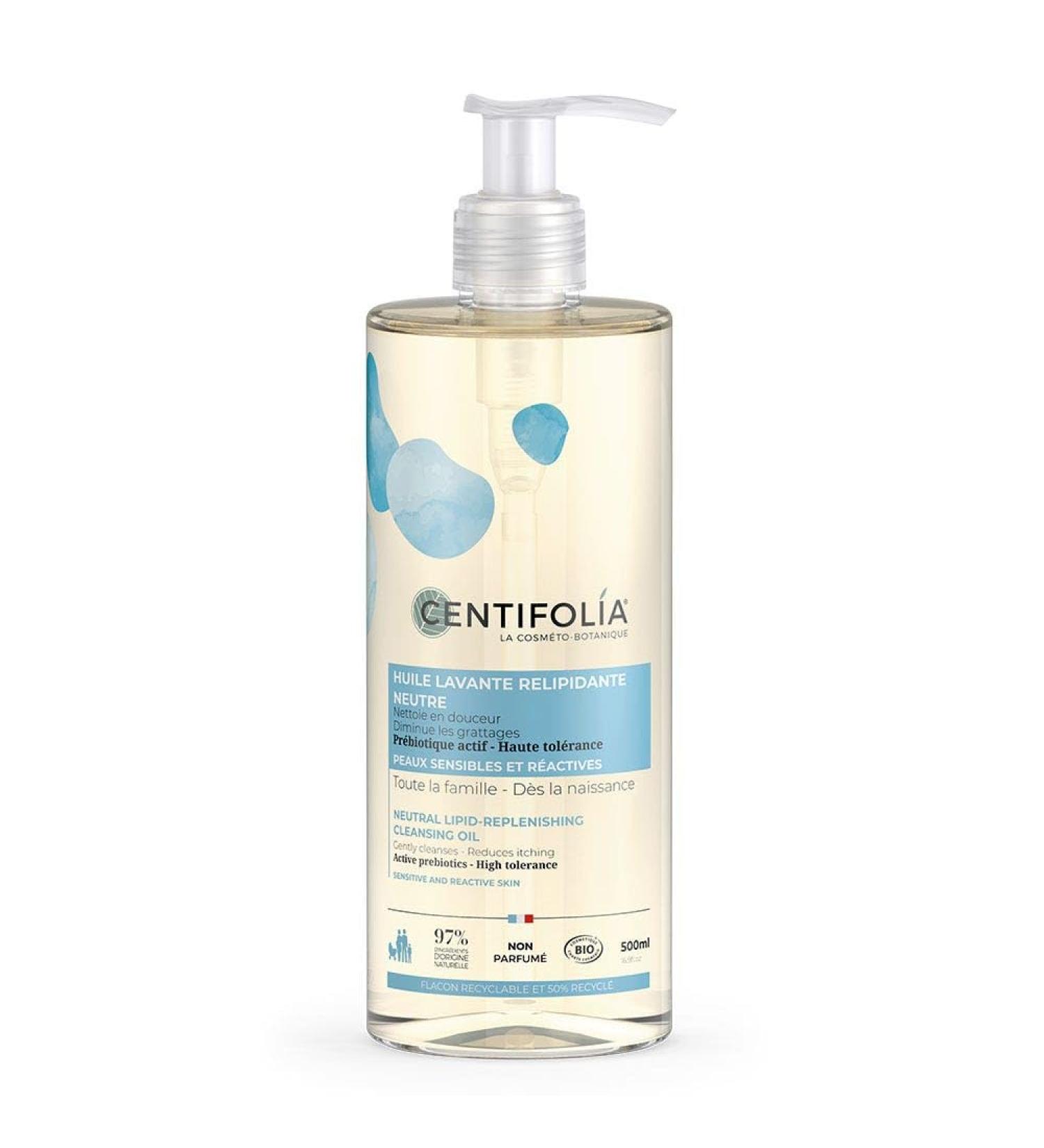 l'essentiel Centifolia - Neutral Lipid-Replenishing Cleansing Oil - 500 ml - Reduces Scratching - Sensitive Skin - For the Whole Family - From