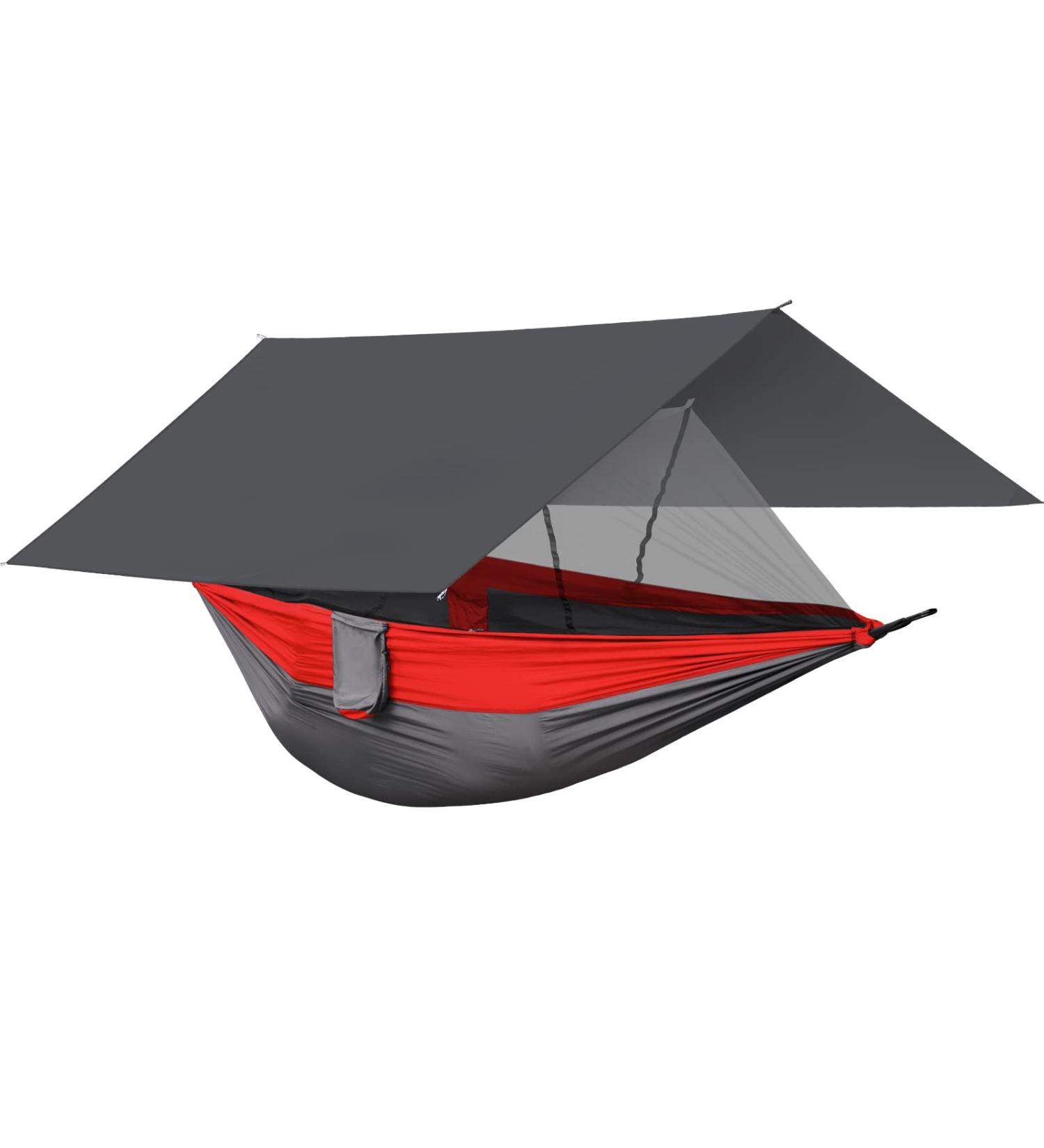 COMMOUDS Double Camping Hammock with Mosquito Net, Rain Fly, and Tree Straps - Portable 2 Person Nylon Parachute Hammock Tent for Backpacking, Travel, and Hiking - Grey - Buy Online on GoSupps.com