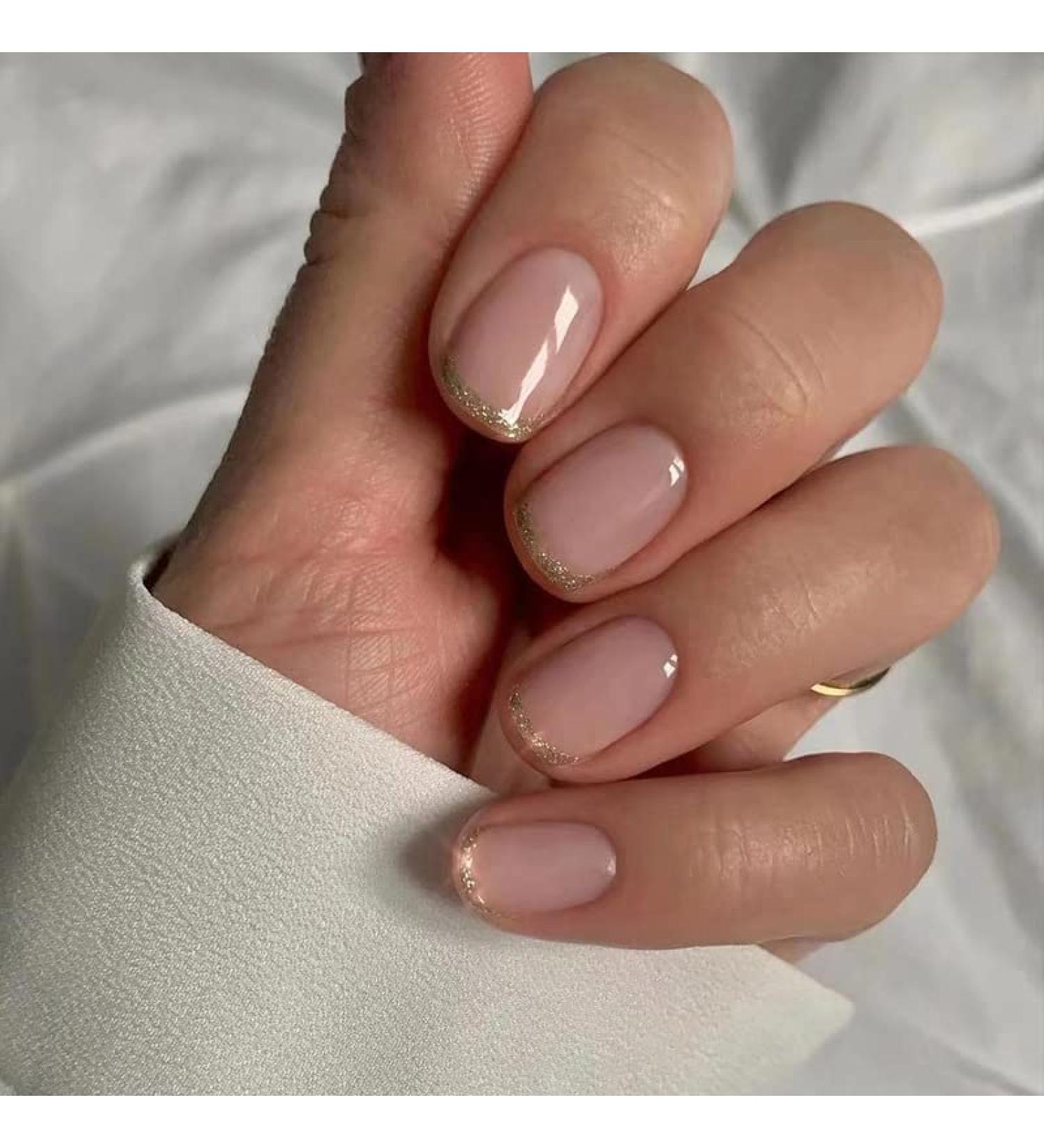 French Tip Press on Nails - Short Round Press On Nails with Nail Tips Golden Glitter edged Nake color Fake Nails press on nails Acrylic False Nails Cute Artificial Nails - Buy Online on GoSupps.com
