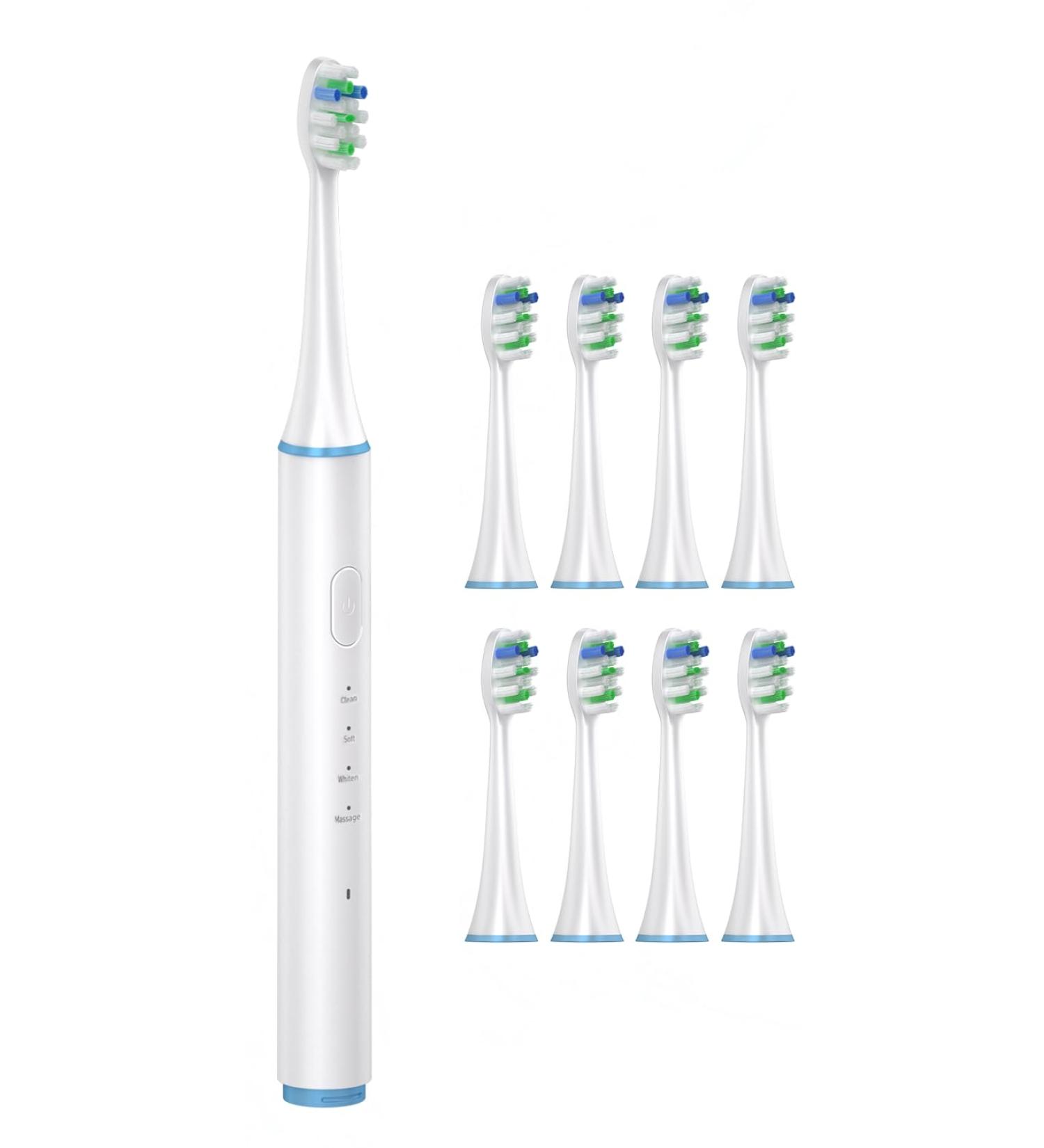 Electric Toothbrush Rechargeable for Adults - 8 Brush Heads 4 Modes IPX7 Waterproof 2 Week Battery Life Smart Timer Pressure Sensor White
