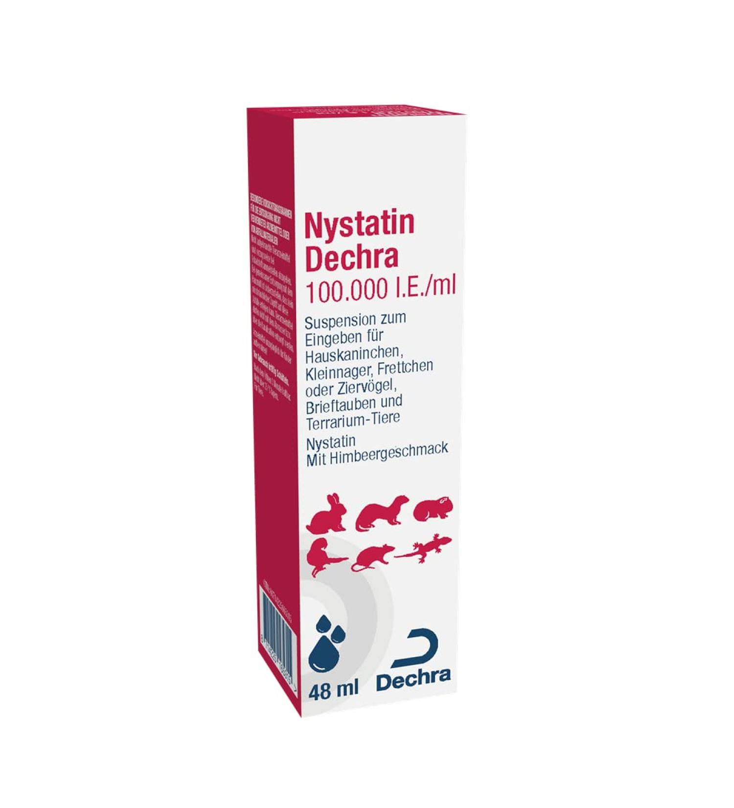 Dechra Nystatin |48 ml |Suspension for oral administration |For small rodents ornamental birds racing pigeons and terrarium animals |With raspberry taste |For yeast piling infections in the gastrointestinal tract
