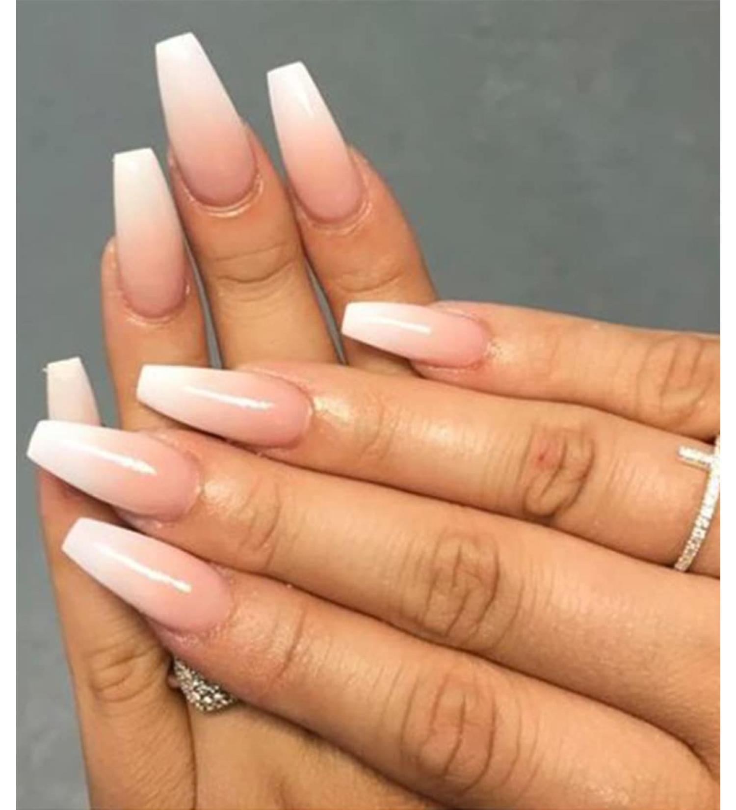 Morily Pink Ombre Coffin Fake Nails - UV Finish French Tip Glossy Medium False Stick On Nails for Women - 24Pcs in 12 Sizes - Buy Online on GoSupps.com