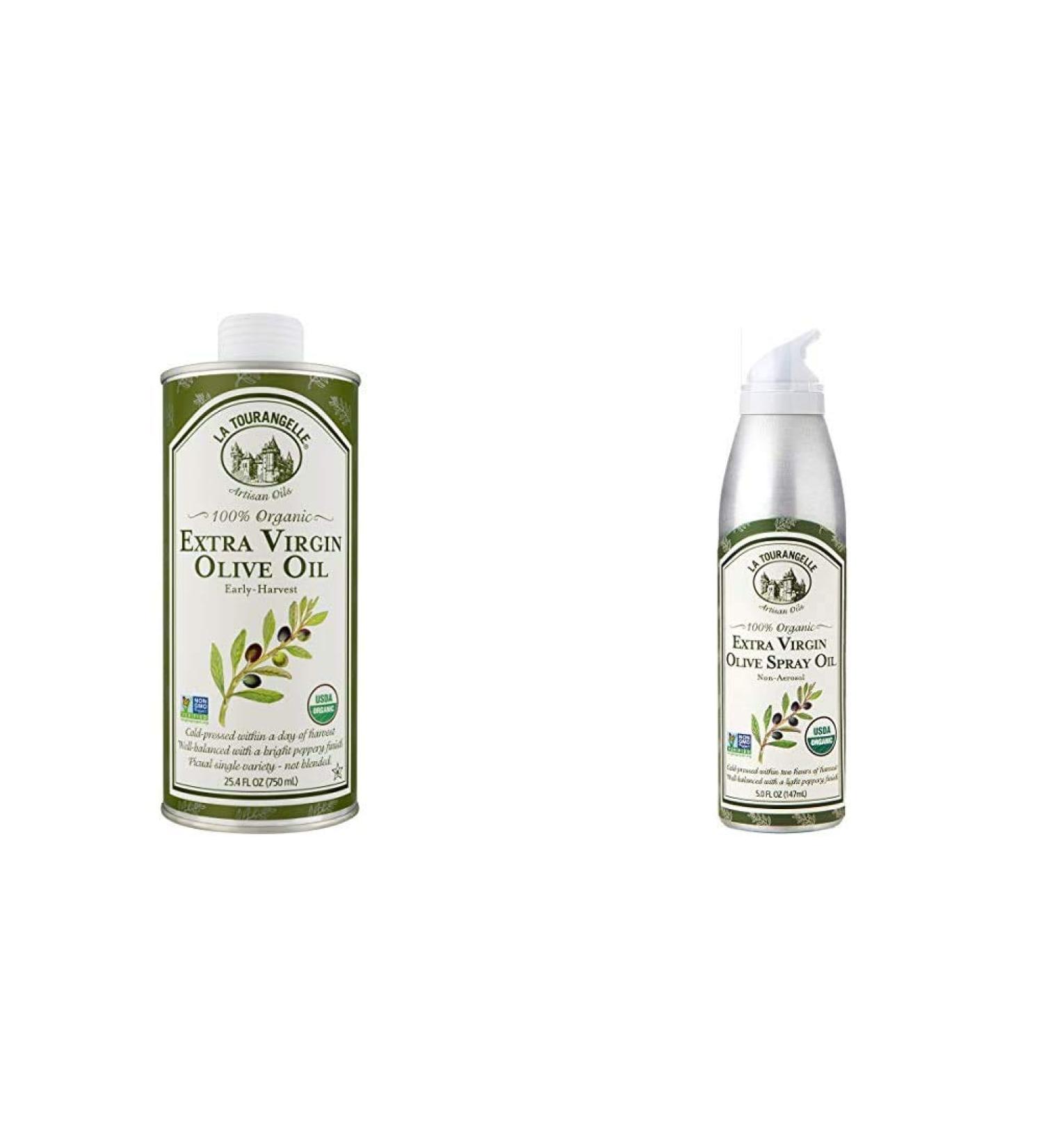 La Tourangelle Organic Extra Virgin Olive Oil Bundle - 25.4 Fl Oz & 5 Fl Oz Spray, Cold-Pressed, Artisanal, All-Natural for Cooking & Dressing - Buy Online on GoSupps.com